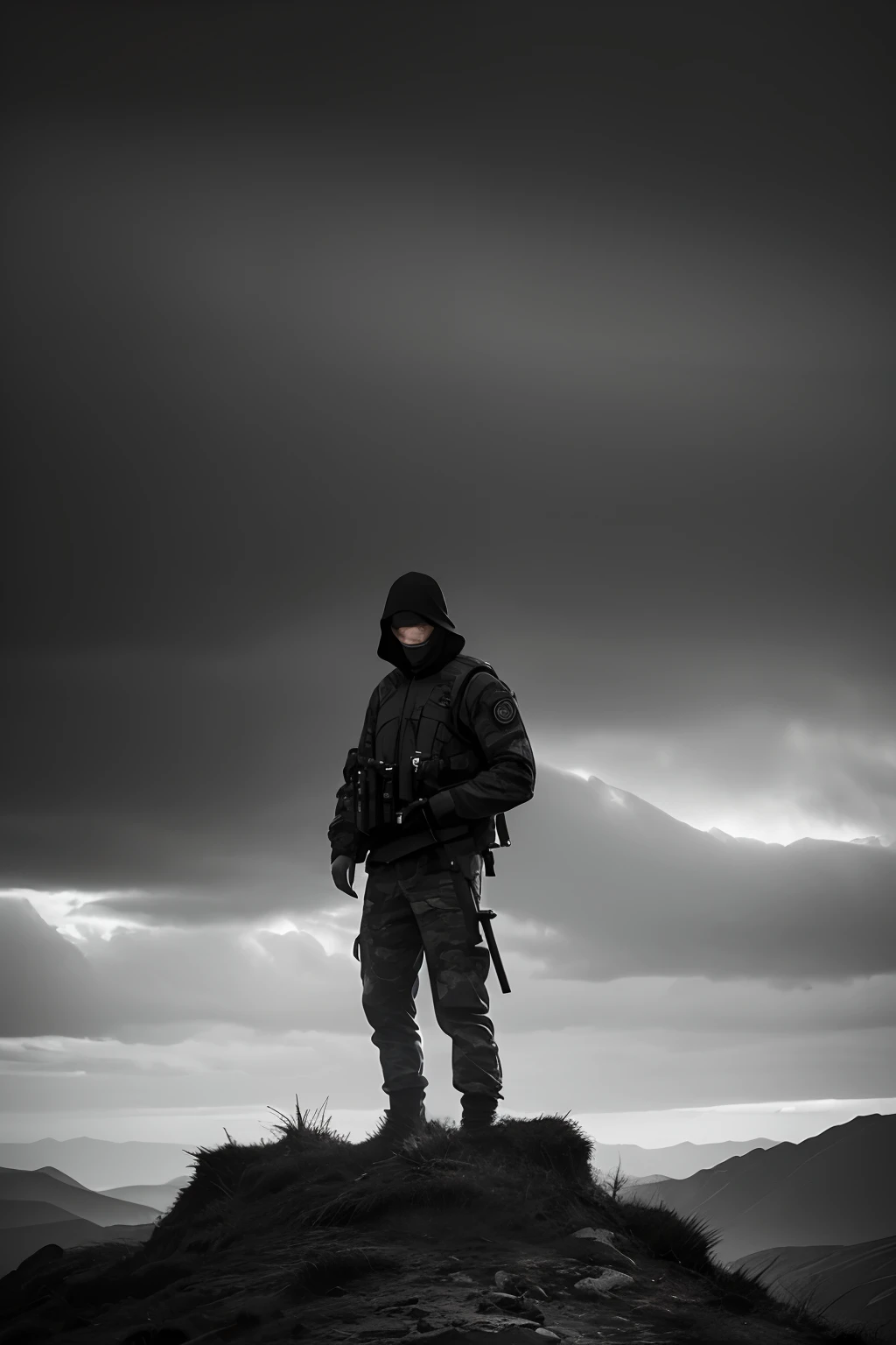 highres:1.2,realistic)Chechen man covered face, mountain,portrait,dark atmosphere,dramatic lighting,rough texture,ominous sky,militant,fierce expression,shadowy figures,camouflage clothing,piercing eyes,tense atmosphere,mysterious,decorative headgear,gritty details,harsh environment,remote location,minimalistic background,strong contrast,strong shadows,warrior,hidden identity,loneliness,survival instincts,impending danger,exotic landscape,untamed wilderness,controlled aggression,determined stance,seriousness,rough terrain,stealth,unyielding spirit,unpredictable nature,sharp focus