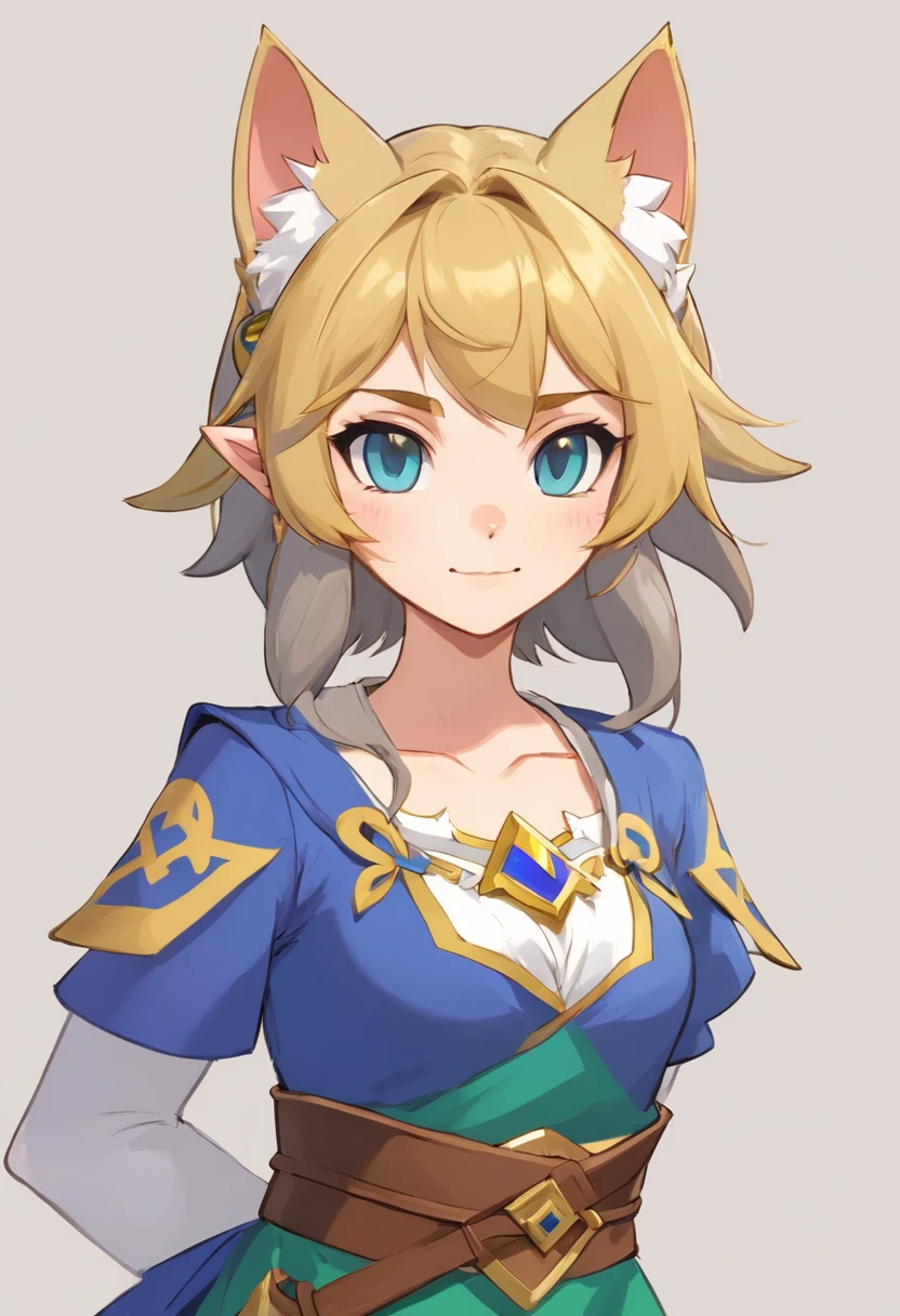Anthropomorphic gray cat, olhos amarelos do gato, um rasgo em sua orelha, camisa branca simples, jaqueta marrom neutra, almofadas de pata cor-de-rosa, Smooth expression, sorriso suave,Empreendedor Furry, Estilo Vrchat Avatar