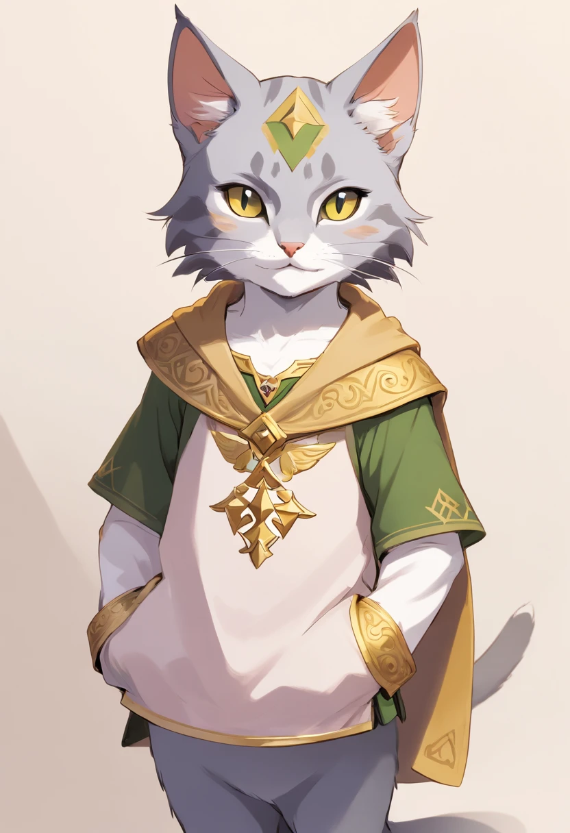 Anthropomorphic gray cat, olhos amarelos do gato, um rasgo em sua orelha, camisa branca simples, jaqueta marrom neutra, almofadas de pata cor-de-rosa, Smooth expression, sorriso suave,Empreendedor Furry, Estilo Vrchat Avatar