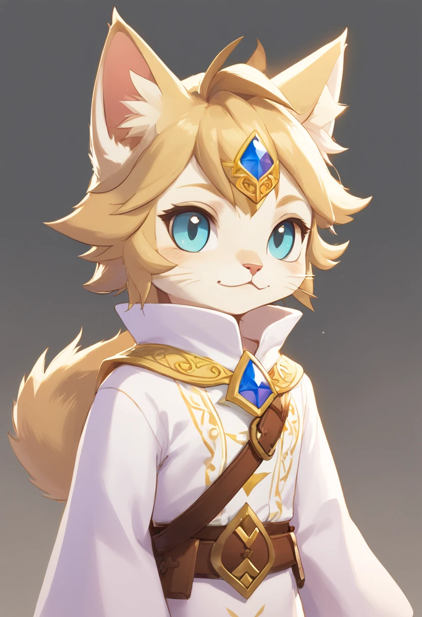Anthropomorphic gray cat, olhos amarelos do gato, um rasgo em sua orelha, camisa branca simples, jaqueta marrom neutra, almofadas de pata cor-de-rosa, Smooth expression, sorriso suave,Empreendedor Furry, Estilo Vrchat Avatar