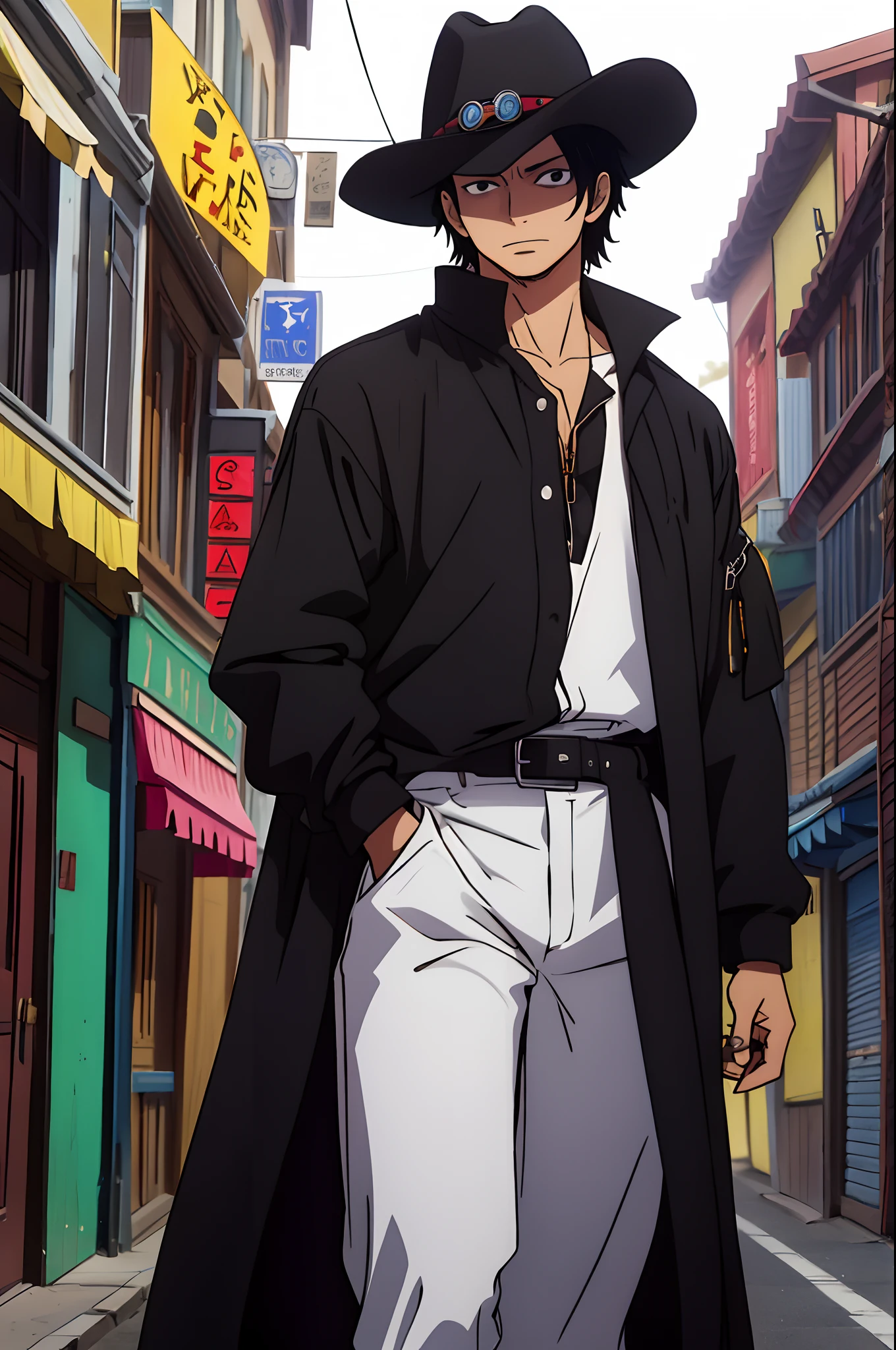 a guy wearing a long black jacket, using black cowboy hat, long black hair, big sword in the back