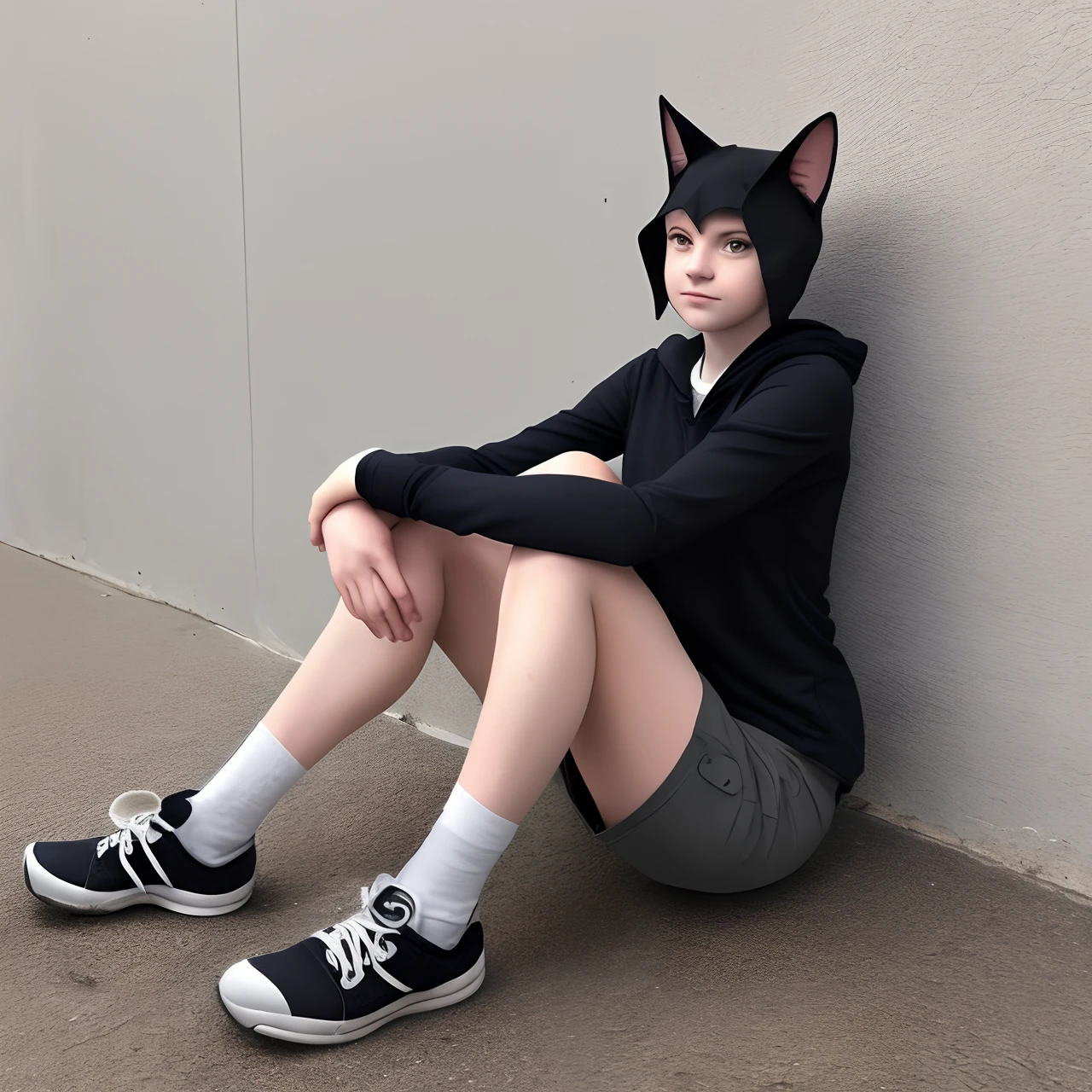 cat-boy, toned, sharp big wolf ears, wolf tail, big black messy hair, extremely vibrant red eyes, HD, masterpiece, vibrant, black converse shoes, slim dark black hoodie, full body view, neutral face, black thigh socks, combat boots.