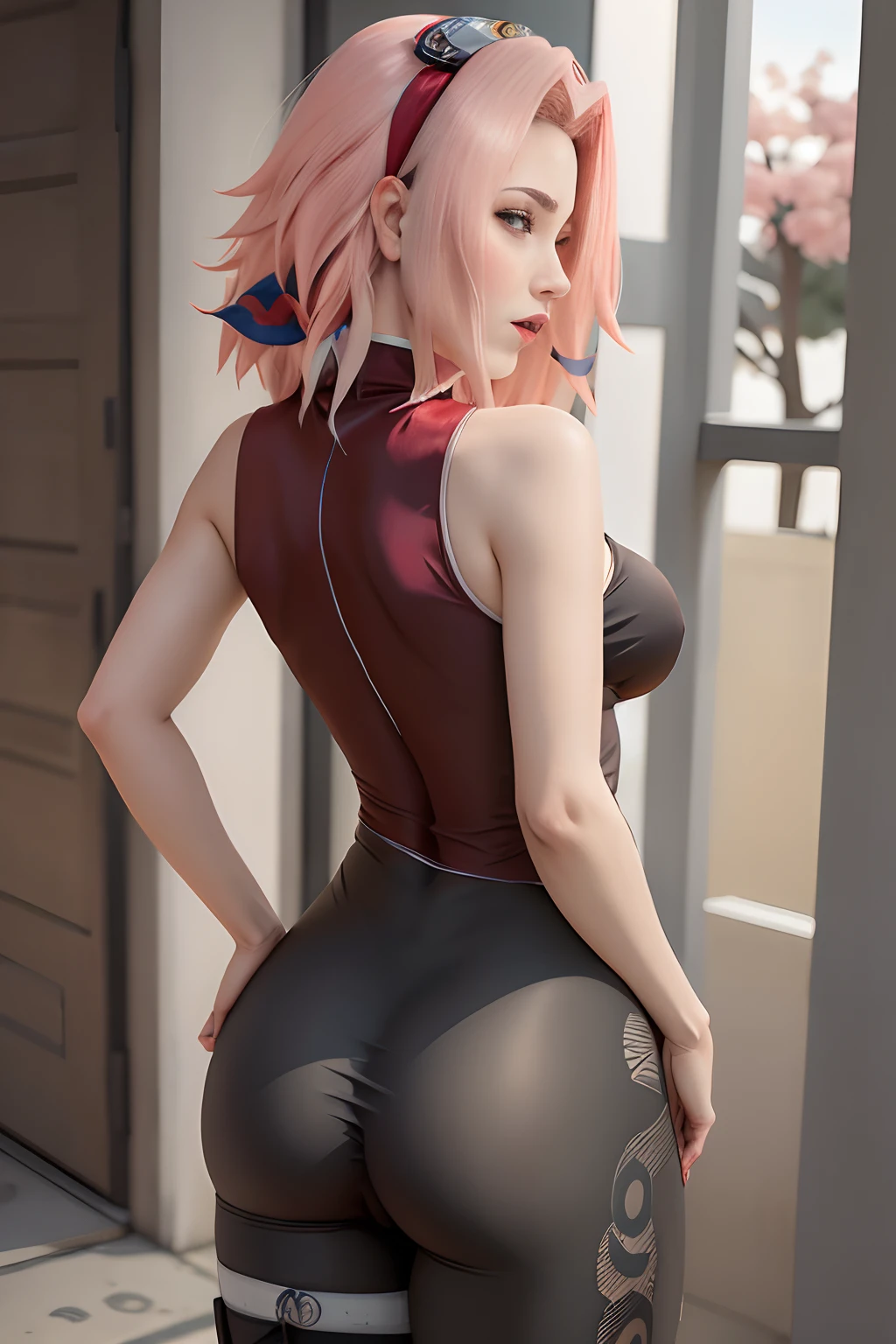 tmasterpiece, Best quality at best, 1 fita, sakura haruno, medium breasts, sorrir,com cabelo rosa, Longas, whitish hair, (Globos oculares verdes:1.4), Forehead Protection, As cerejeiras,Flores de cerejeira voando,Vestido vermelho Coxas fendidas, Black pantyhose and black pantyhose , corpo da roupa, tight pants, from behind, foco na bunda, Saia de Lifting