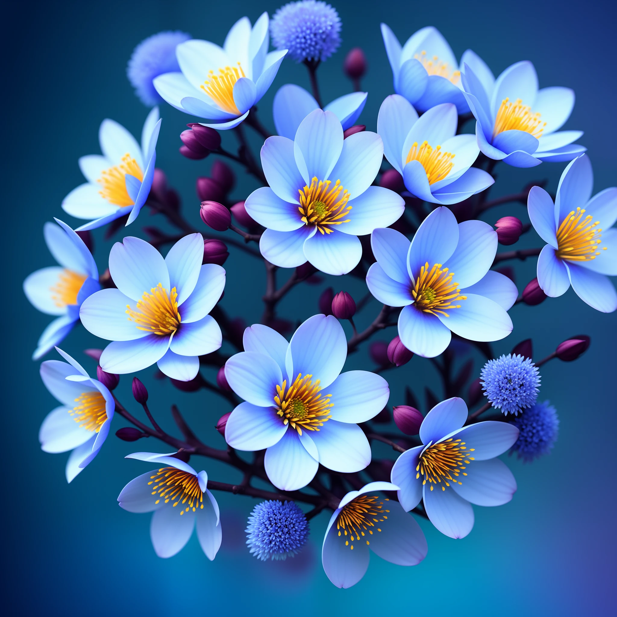 Close-up of a bouquet of flowers on a branch,paul barson,Blue flowers,beautiful digital artworks,beautiful digital art,flowers and blossoms,surreal waiizi flowers,beautiful flowers,flowers in full bloom,flowers with intricate detail,Incredibly beautiful,beautiful art,beautiful composition 3 - d 4 k,gorgeous digital art,Blue cherry blossoms