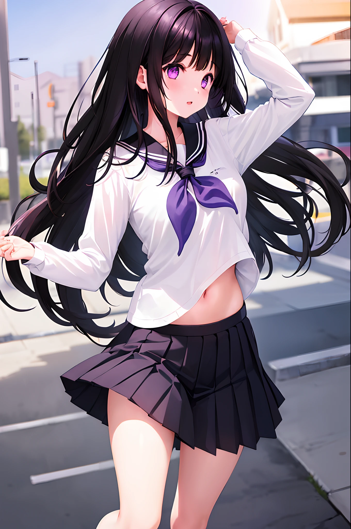 1girl, chitanda eru, long hair, black hair, school uniform, purple eyes, white shirt, white socks, pleated skirt, bangs, black sailor collar, neckerchief, black skirt, long sleeves, (shirt lift:1.2), navel, bra,