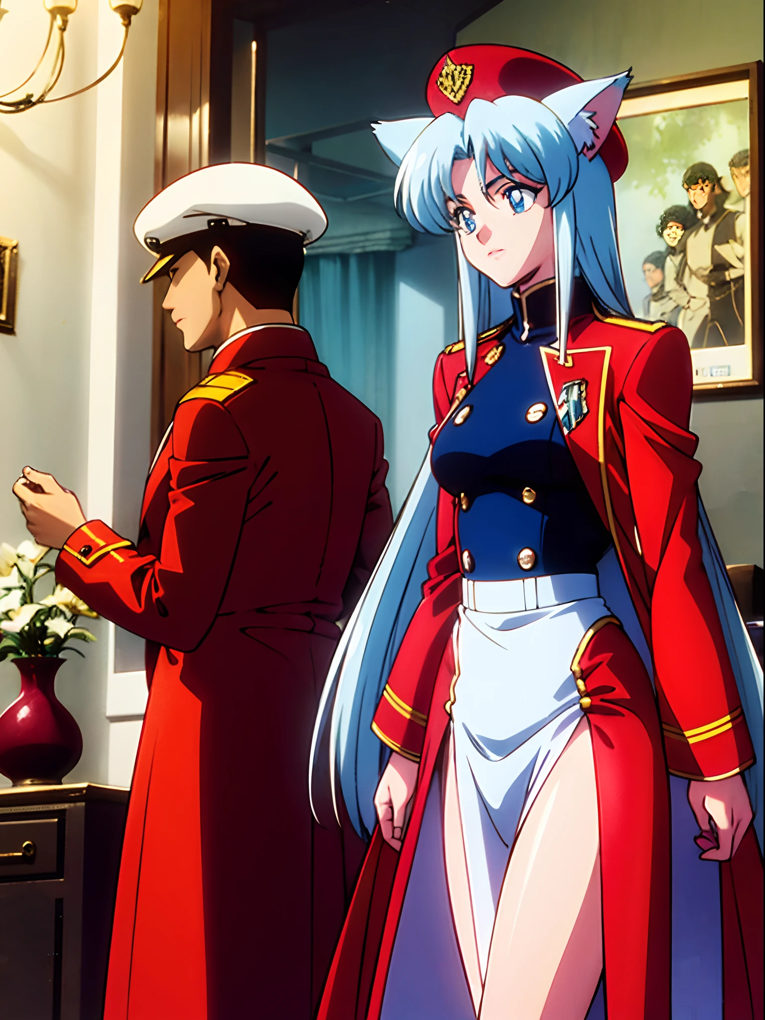 (1980s anime), tall woman wearing a long red coat over a white navy uniform, athletic figure, strong thighs, small breasts BREAK Long white hair with holofoil highlights, animal ears on humanoid, large white cat ears, a hat between the ears, mature adult human face with bright blue eyes BREAK in a dim light dark coloured living room