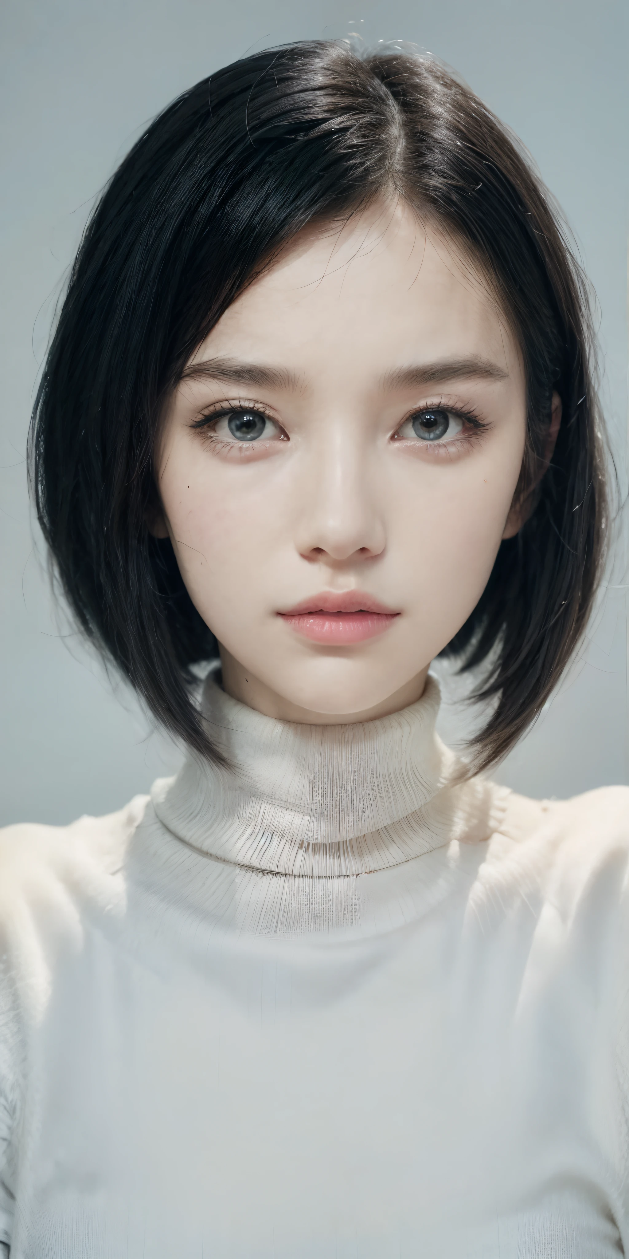 A woman with a short black hair and a white turtle neck top - SeaArt AI