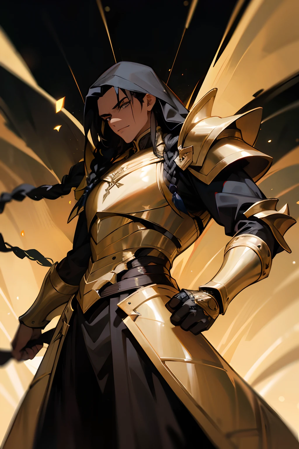 homem negro, long braided black hair, Armadura dourada com detalhes em preto