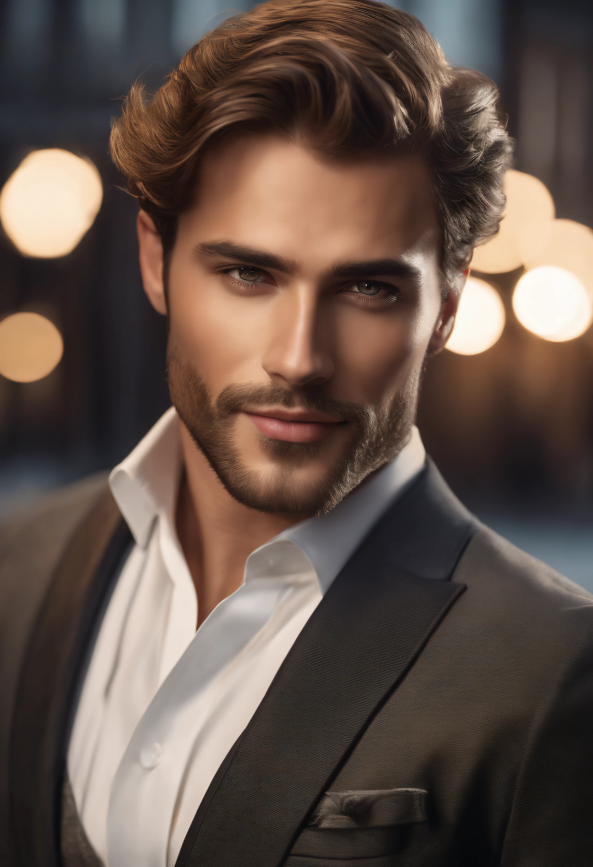 the best quality,Ultra detailded,Realstic:1.37,bel homme,beau visage,Detailed honey-colored eyes,Strong Jawline,Barbe de chaume,Beau sourire,Costume chic,Elegant hair,raser,Security posture,chevalier,Look captivant,well groomed,professionnel,Template Appearance Style,Couleurs vives,studio lighting,ton de couleur chaud,Milieu:portrait