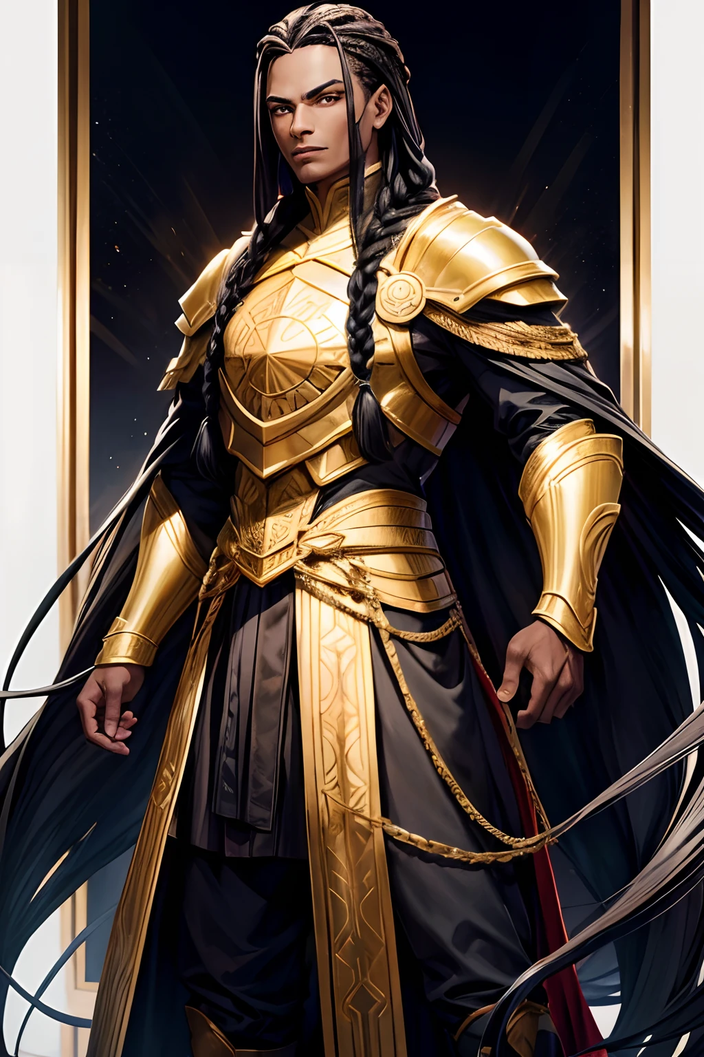 homem negro, long braided black hair, Armadura dourada com detalhes em preto