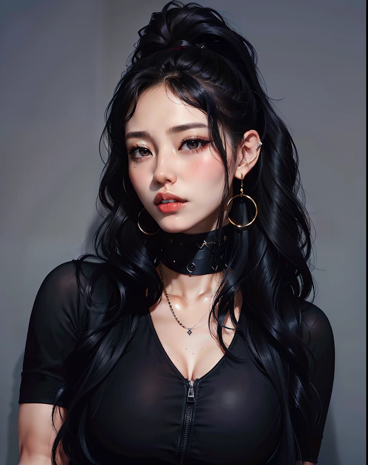 arafed woman with a black top and a choke and a choker, wavy long - length black hair, fierce look, wavy long black hair, long black hair in a ponytail, wavy black hair, sultry look, inspired by Yang J, portrait shot, sexy face with full makeup, long thin black hair, official product photo, long black ponytail