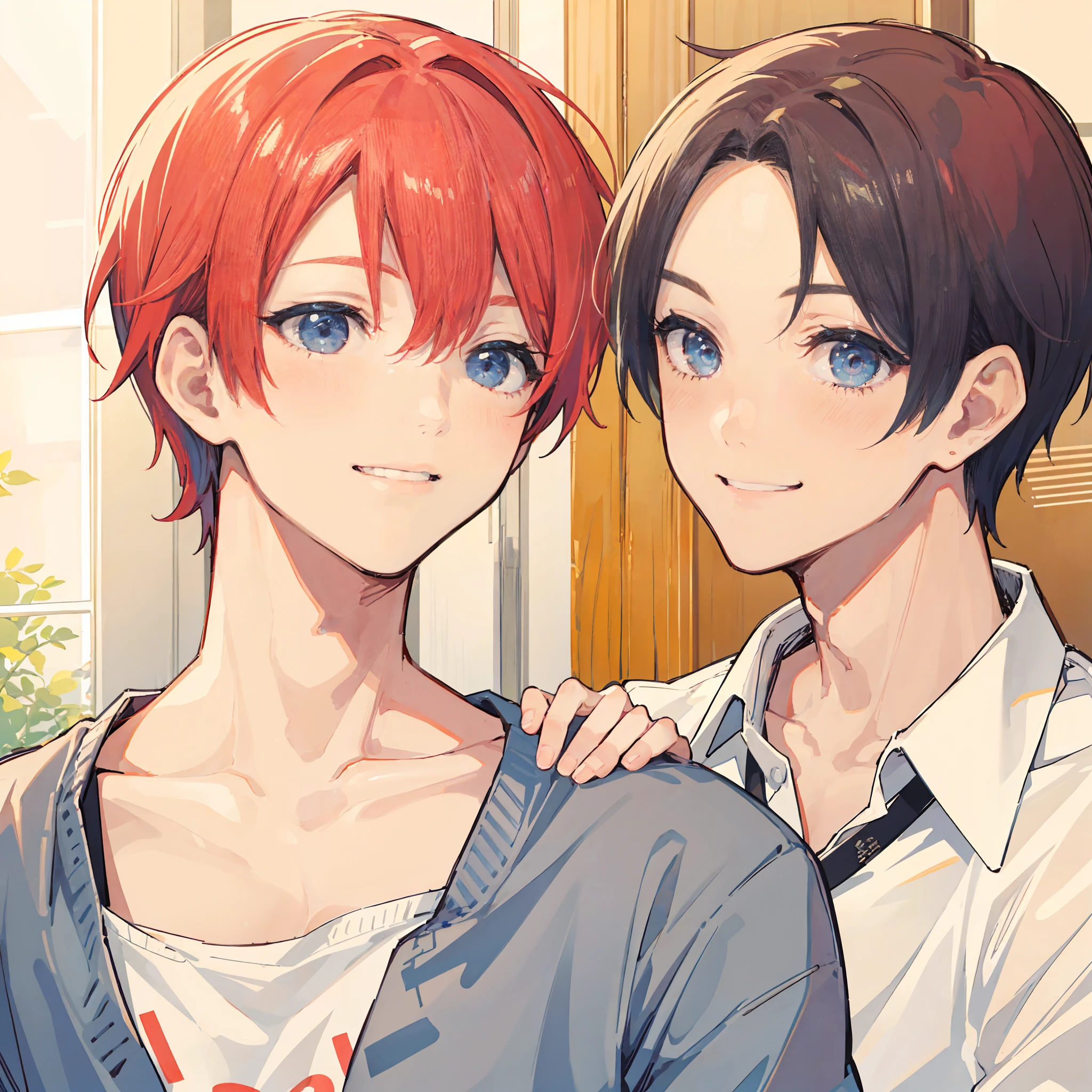 masutepiece, Best Quality, hight resolution,Two young men, Red-haired boy on the left、The blue-haired boy on the right,male relationship,eye contact, smiling,blush
