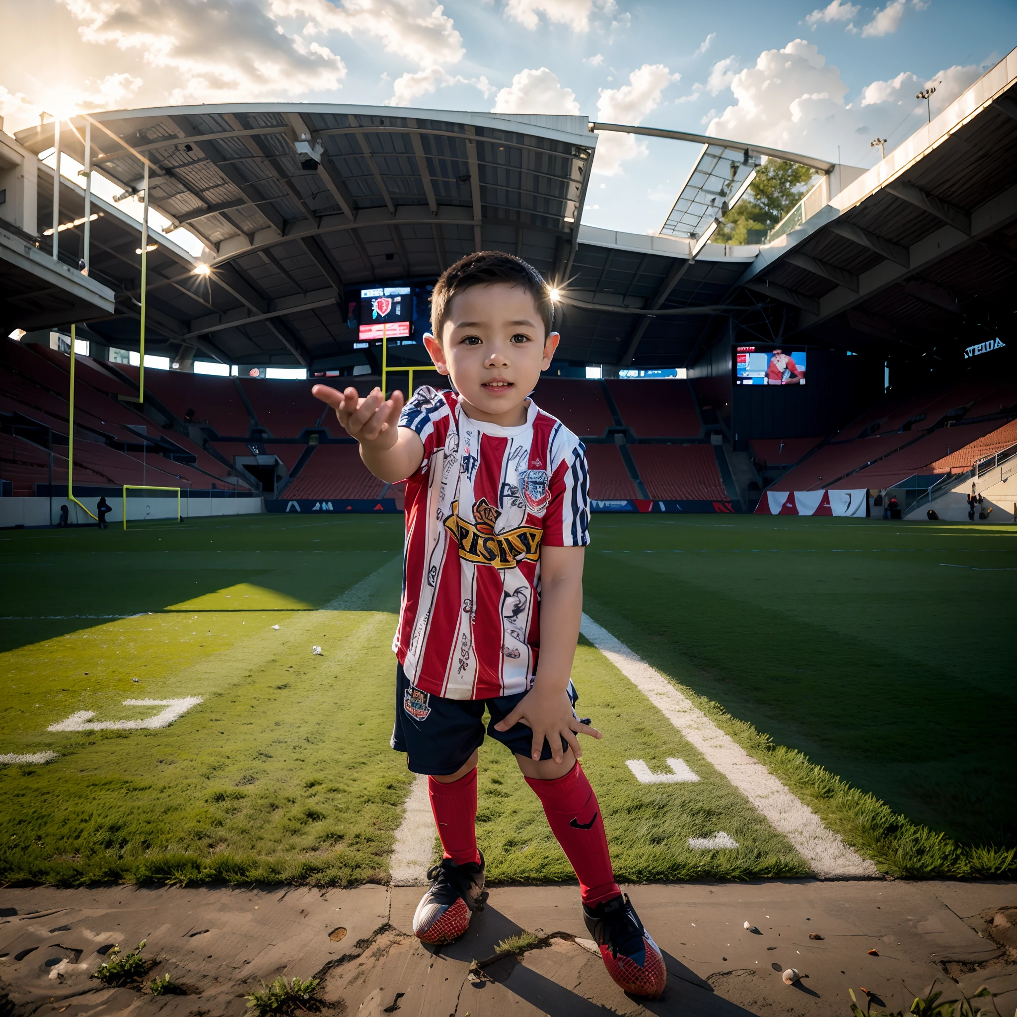 little boy, football stadium, sunny day