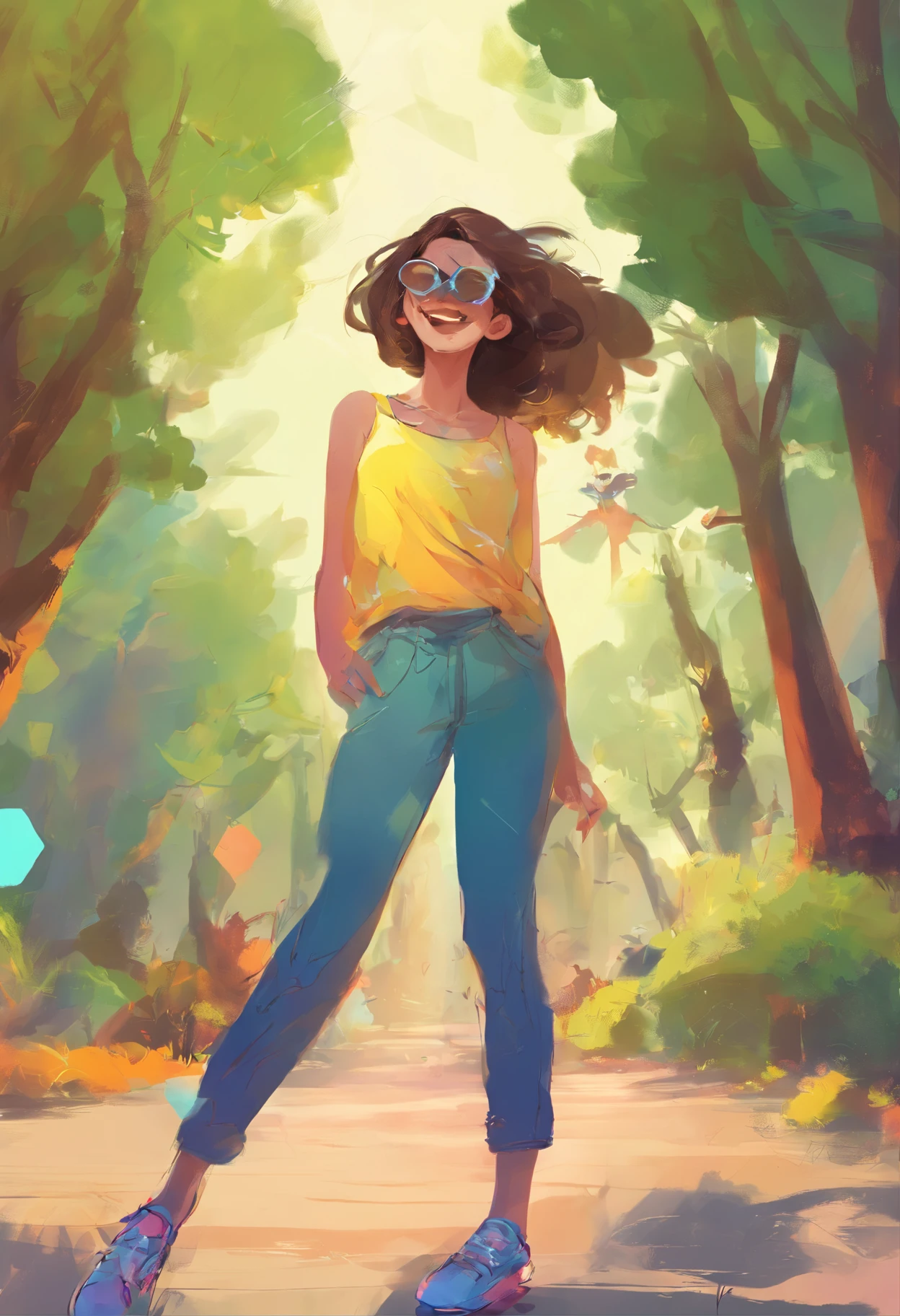 1girl, woman, petite, pale skin, detailed face, bob cut hair, blue eyes, wearing yellow tank top, happy, laugh, statement sunglasses in a park, sky, trees, moonlight, stars, vivid colors, bokeh background, dramatic color, cartoon, from below, cinematic, whimsical