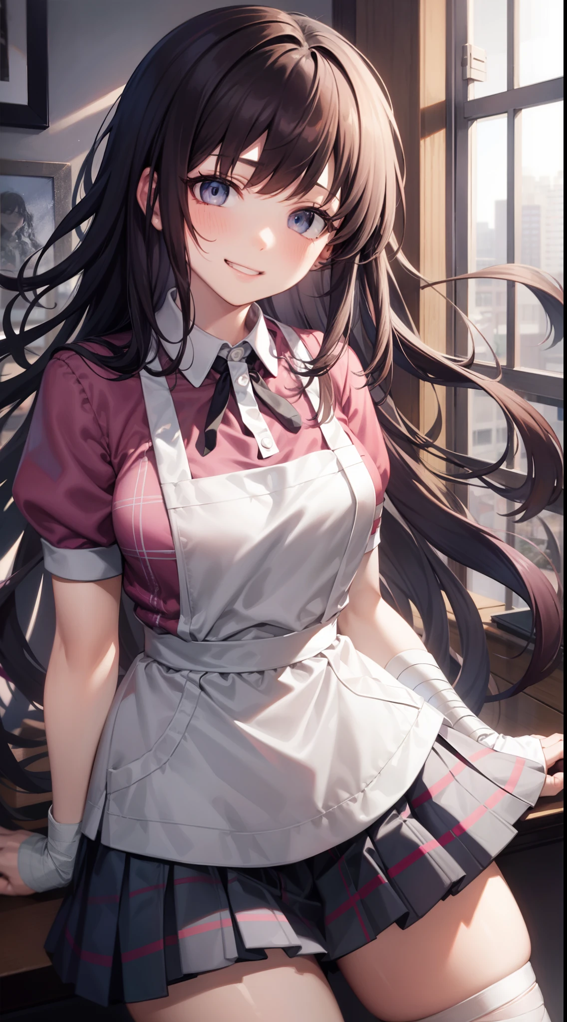 mikantsumiki, mikan tsumiki, long hair, purple hair, (purple eyes:1.1), bangs, blunt bangs, smile, grin,
BREAK apron, bandaged right leg, bandaged left arm, bandages, collared shirt, miniskirt, pink shirt, pleated skirt, puffy short sleeves, puffy sleeves, shirt, short sleeves, skirt, two-tone shirt, white apron, white shirt,
BREAK looking at viewer,
BREAK indoors,
BREAK (masterpiece:1.2), best quality, high resolution, unity 16k wallpaper, (illustration:0.8), (beautiful detailed eyes:1.6), extremely detailed face, perfect lighting, extremely detailed CG, (perfect hands, perfect anatomy),