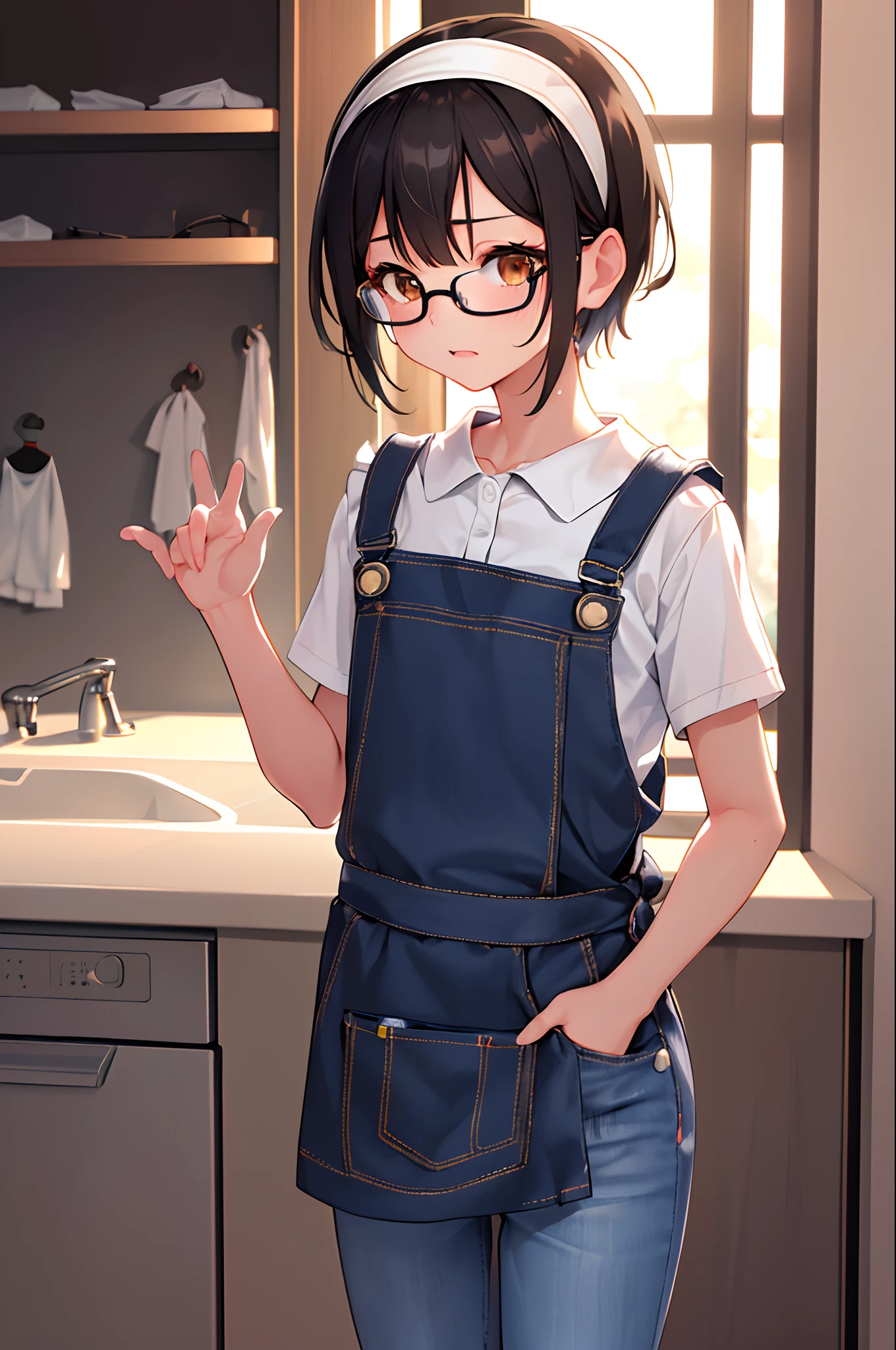 (masutepiece, Best Quality, Capture super cute moments, depth of fields, ultra-detailliert, Ultra High Resolution, C4D, Octadale, 3D Modeling, 8K, 16 K, one girls,a junior high school student, small tits,A dark-haired,short-hair,straight haired,Light brown eyes,Break the white headband,wearing black glasses,Cute face), Washing both hands in the kitchen、The shirt、jeans、Apron