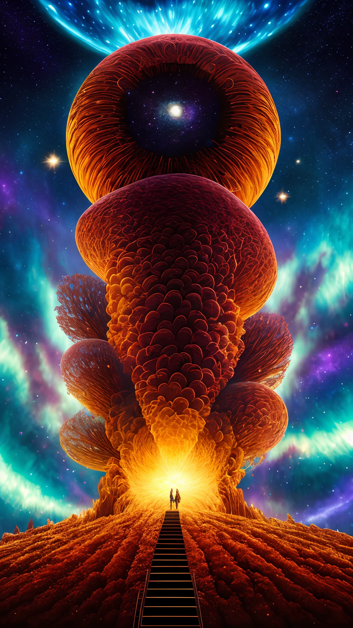 an anthill on the tardis dimension, looking into the infinite length of the universe, endless galaxies, dangerous black holes, exploding super novas, floating stars, endless staircases, starry nebulae, disturbing, cinematic atmosphere, negative dark mode, matrix atmosphere, swirling digital code with cloudstorm van gogh