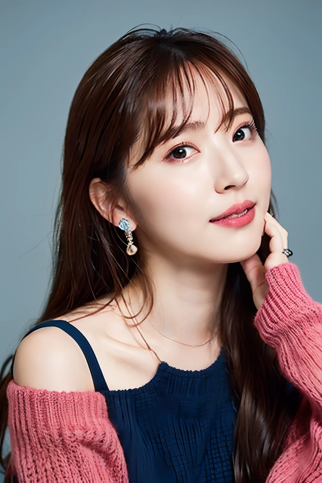 (A hyper-realistic), (illustratio), (hight resolution), (8K), (ighly detailed), (The best illustrations), (beautiful and delicate eyes), (top-quality), (ighly detailed), (masterpiece), (wall-paper), (详细的脸), 独奏, 1 girl in, looking at the viewers, finely detail, 详细的脸, In the dark, deep-shadows, demure, pureerosfaceace_v1, a smile, bust, long legged, thin-waist, s ass, Ultra-fine makeup, Ultra-fine clothing,Pink-gray hair color、Red and green and blue colorful off-the-shoulder sweater、Earrings of large bird feathers that go up to the shoulders