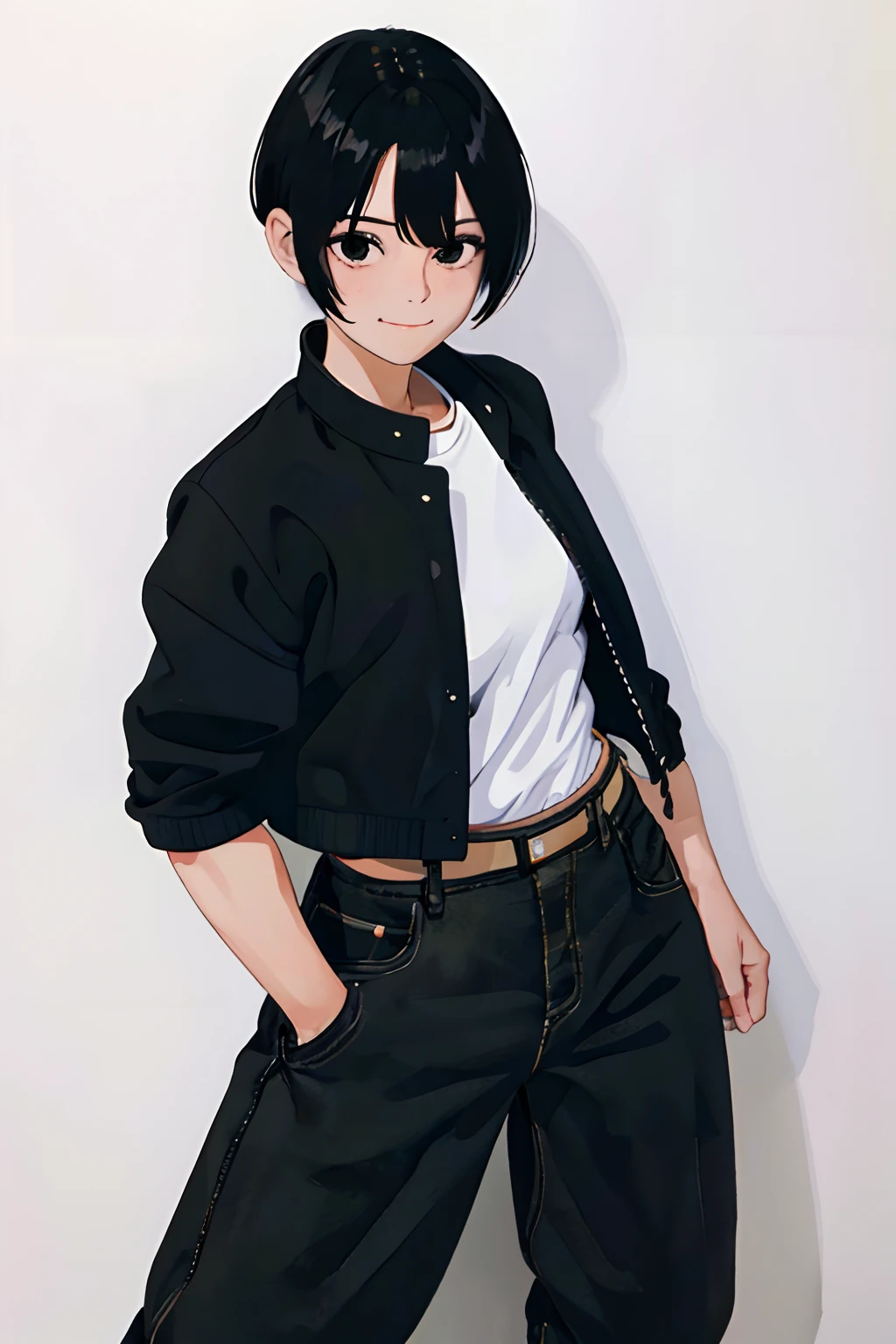 Orochikyo, (chaqueta negra de manga corta),pantalones negros,Guantes sin dedos,camiseta blanca, diadema blanca,zapatos blancos,
(La mejor calidad, Obra maestra, Foto RAW,Ultra detallado:1.2), 1girl,solamente,Mirando al espectador,They are smiling