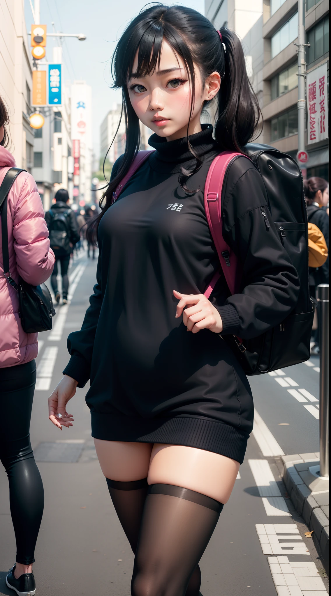 1girl japanese stretwear, wearing black sweter-dress and Long black stockings and a backpack Tous wears two pigtails, long black hair, toned legs, fine features, walking, Tokyo city in the background