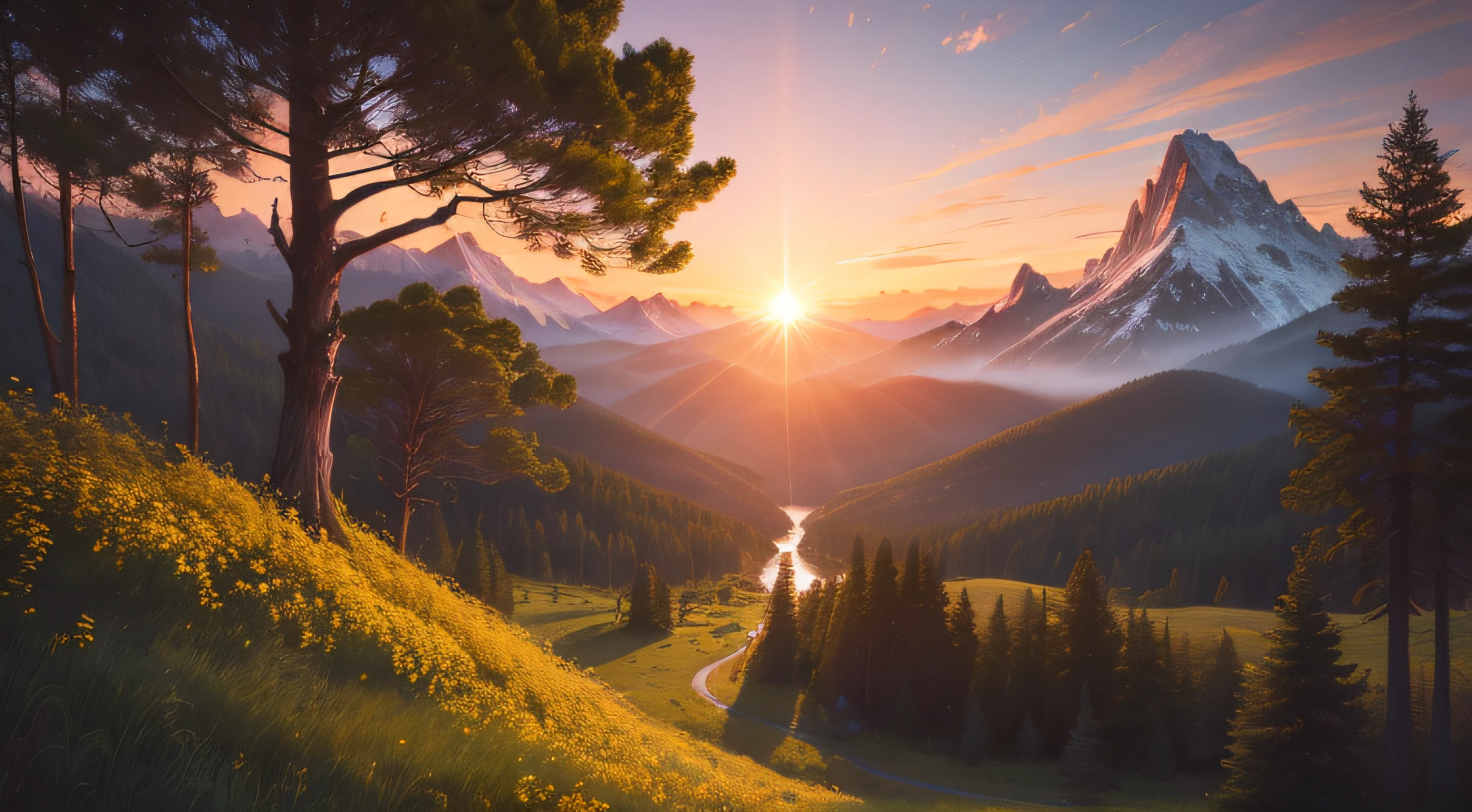 view of clearing on forest, close up, back lens, Pixar Movie Style, best quality, Cinematic Movie Still, very cute, amazing forest, mountains on horizon, amazing sunset, yellow flowers around clearing, rocks around, air balloon flying on sky, high definition, lightgreen trees --auto