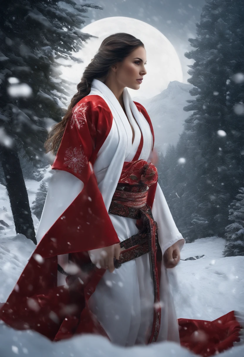 obra maestra, calidad superior,Artes marciales estilo devilcore, apariencia absurdamente hermosa de las artes marciales detalladas por cg, mujer delgada, alta figura de reloj, grandes pechos, tez blanca, cabello negro, On a snowy mountain, sosteniendo una espada enfundad, entre sus pechos, con pezones marcados en su ropa, dressed in white kimono with a snowflake pattern