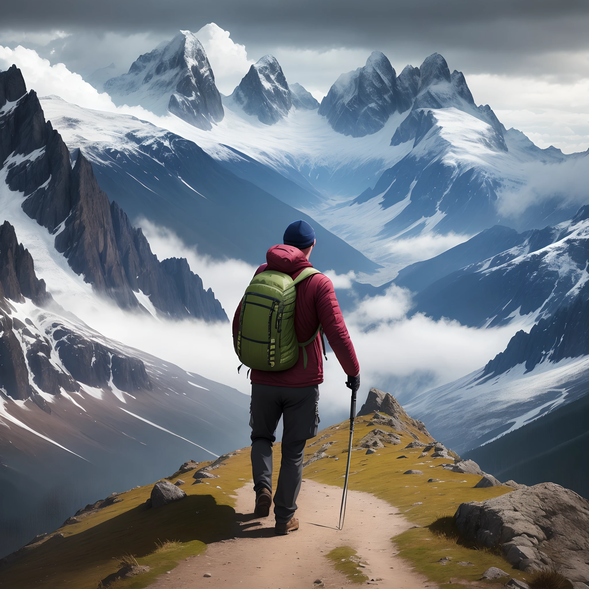 Man on mountains hiking with backpack rainy with weapon