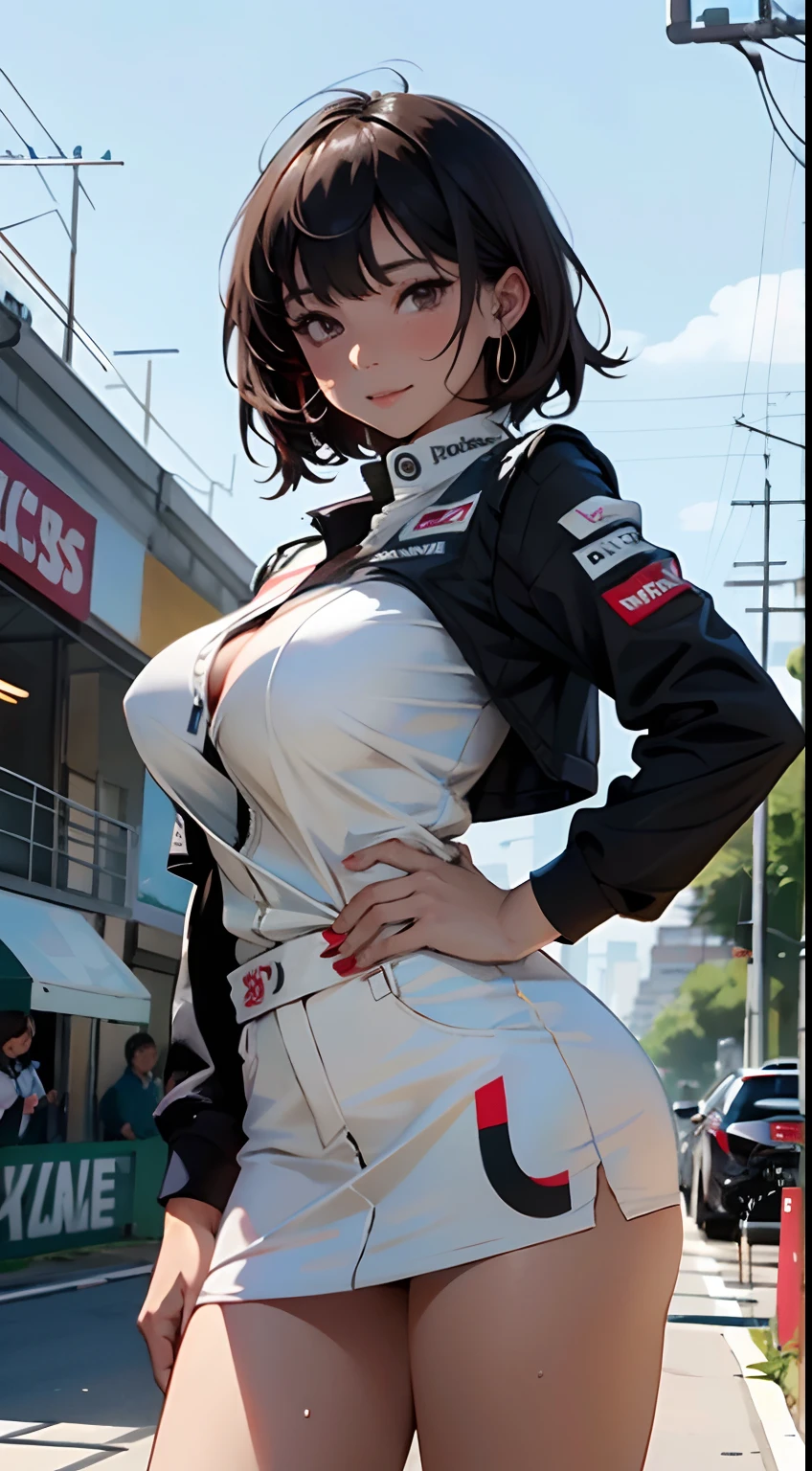 1girl medium breasts,、((top-quality)), ((masterpiece)), 、A smile、 Pitch Resuit、Colossal tits、Puffy nipple、 knee high、Naughty face、 knee high white、Adult Woman、(cum in vaginas:1.3)、cum in mouth、( G-string to overflow:1.5)、 Sobbing tears、、 short-cut、see through White One Piece Checkered Mini Skirt、dress lift、l、Race Queen、A slender、 , masterpaintings, best qualtiy, Photorealsitic, ultra-detailliert, (shiny skins, perspired:1.4), Look at the big crowd, With short black hair, Brown-eyed,slender,dynamic light and shadow,hight resolution,Sharp Focus,depth of view,The eyes are delicate,Sharp pupils,pupil realistic,(Colossal tits),、A slender、(thick thight),outside of house,Skysky、、grid girl, underboob, wet_clothes, Wearing a grid_girl outfit with sponsor's logo printed, (standing in a motorsport racing)+,, left hand on waist