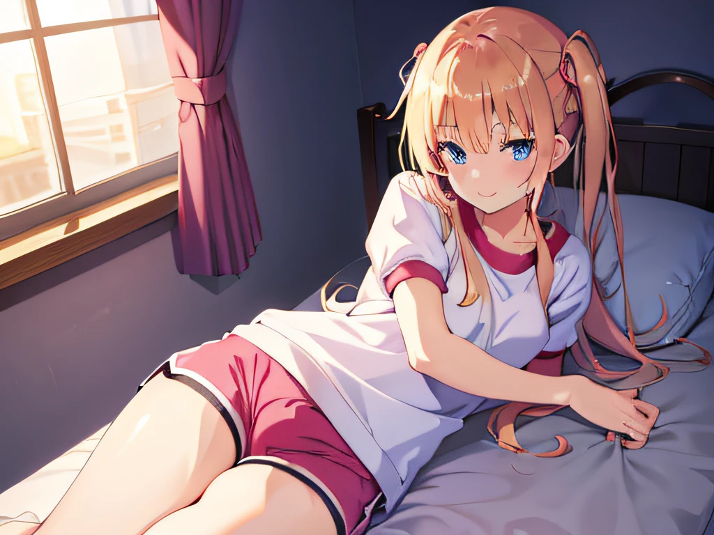 ((masutepiece)), ((Best Quality)), (Ultra-detailed), Anime style, on the bed, Cute  girl s, 1girl in, Solo, Gym Shorts 00, ((Beautiful eyes))0, Smile