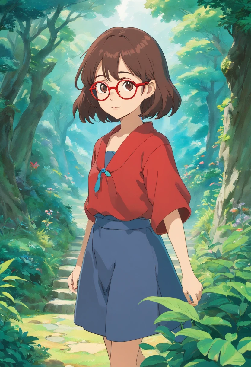 uma menina de cabelo longo castanho escuro , Wearing a red pair of glasses, usando piecing na orelha, com roupa preta,  estilo de paisagens de jardim tranquilas, animated color photos, Masami Teraoka, aquamarine, Paulo Gauguin, Estilo Embry, retrato honesto