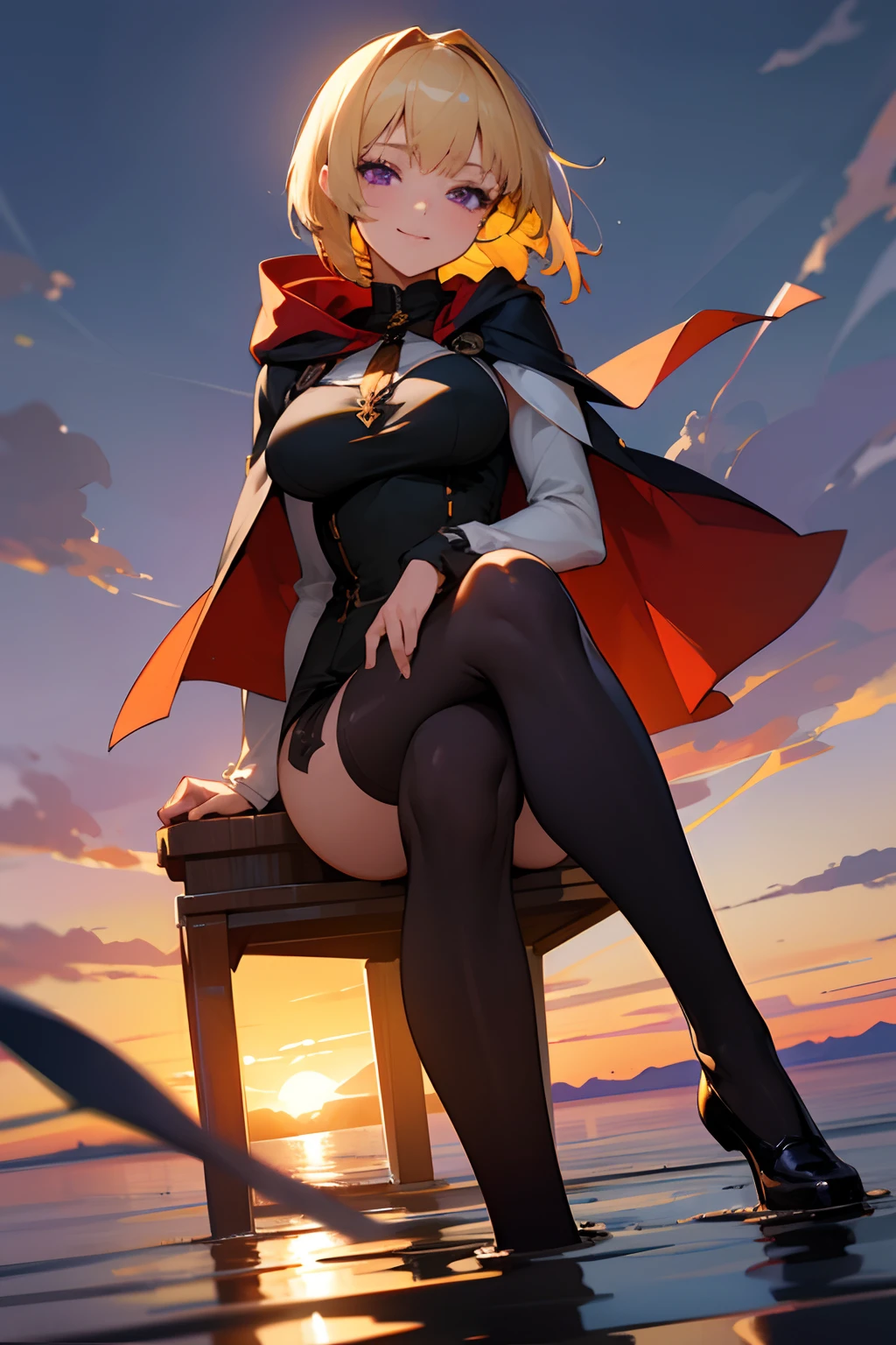 Illustration, UHD, retina, masterpiece, accurate, anatomically correct, super detail, high details, high quality, award winning, best quality, highres, good anatomy, 1080P, HD, 4K, 8k, 16k, 1girl, dynamic pose, androgynous, detailed eyes, detailed clothes, detailed hair, rendering, strands of hair, cute waifu, short blonde hair, bangs, locks, purple eyes, wearin a black tight shirt, intricate design, wearing a one-piece outfit, black mirco short, wearing white thigh highs, big breast, wearing a purple tie, wearing red heals, long sleeved, wearing a red cape, wearing a black hood, smiling, looking at viewer, bare legs, sitting down, sitting on water, sunset, cinematic lighing, wide shot, looking at viewer