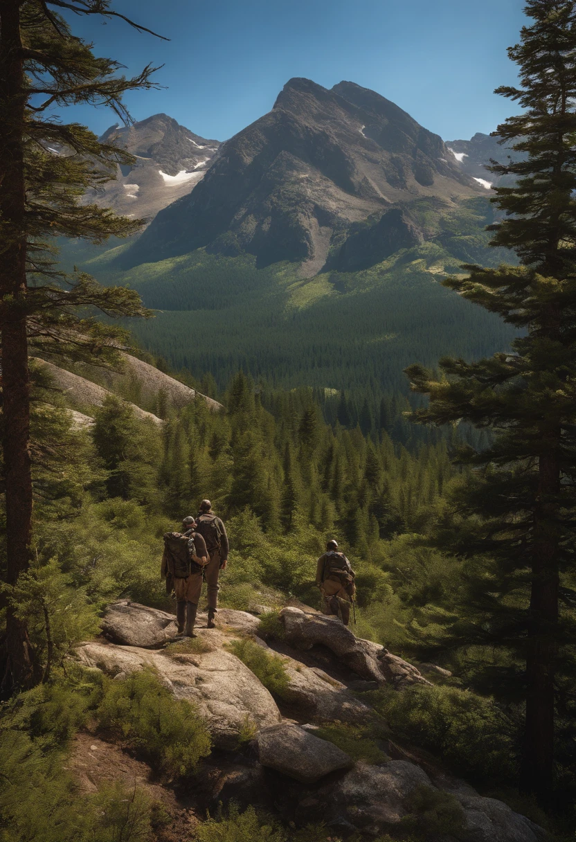 (best quality,8k,realistic:1.2),ultra-detailed,hunters standing on a hill,mountain landscape,2 hunters,forested mountains,clear blue sky,wildlife presence,natural lighting,pine trees,rocky terrain,hunter's gear,moss-covered rocks,leaves rustling,crisp air,adventurous spirit