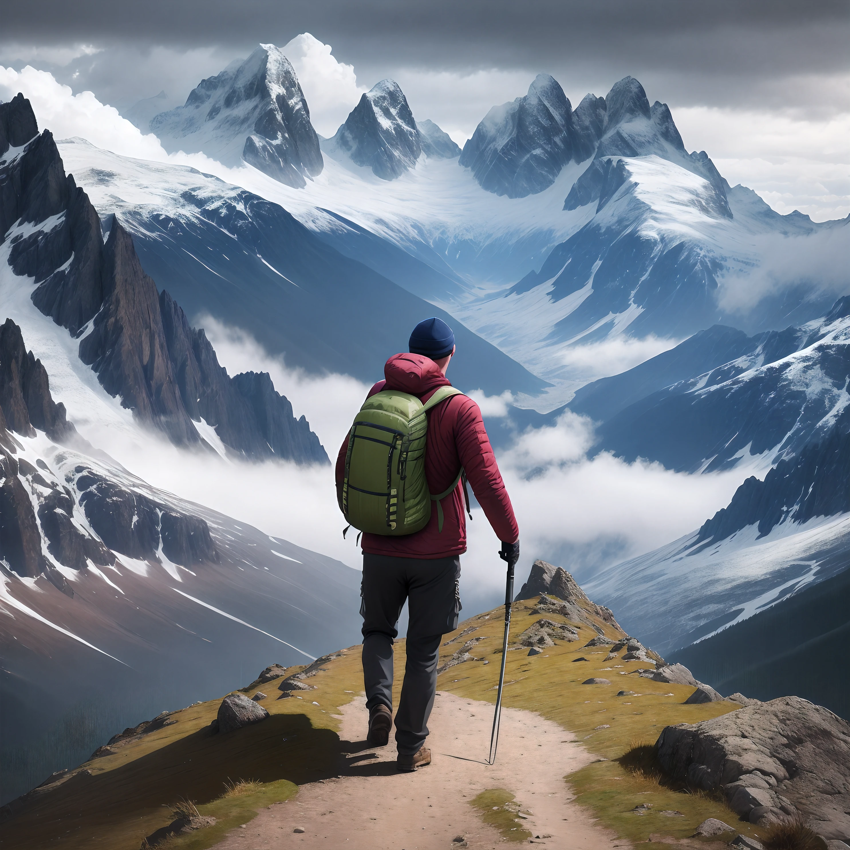 Man on mountains hiking with backpack rainy with weapon