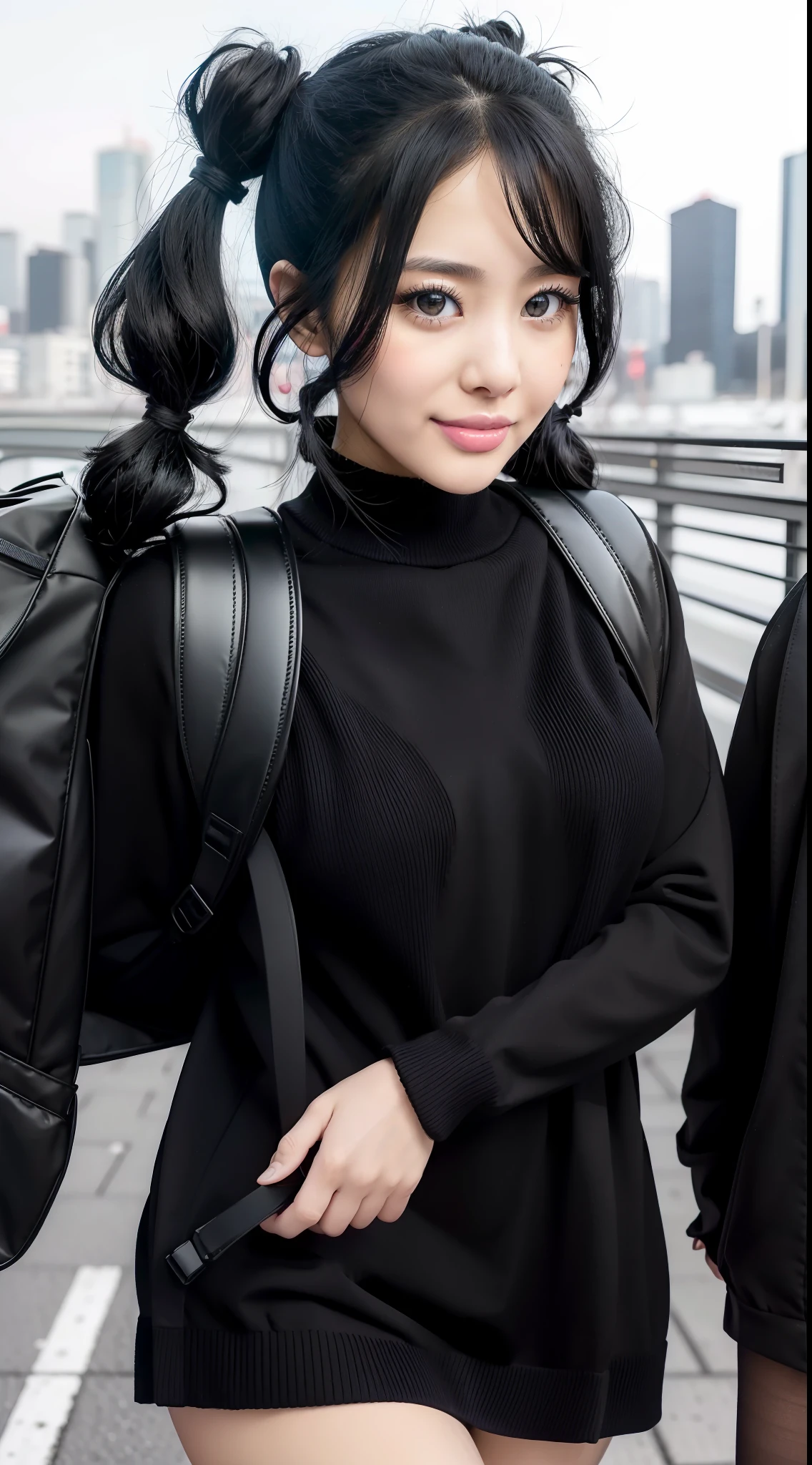 UHD UHR hyper realistic beautiful face and details, high realistic skin, smile, 1girl japanese stretwear, ( Sukeban ), seductive silhouette, sexy look, slluty, wearing black  sweter-dress and Long black stockings and a backpack Tous wears two pigtails, long black hair, toned legs, fine features, walking, Tokyo city in the background