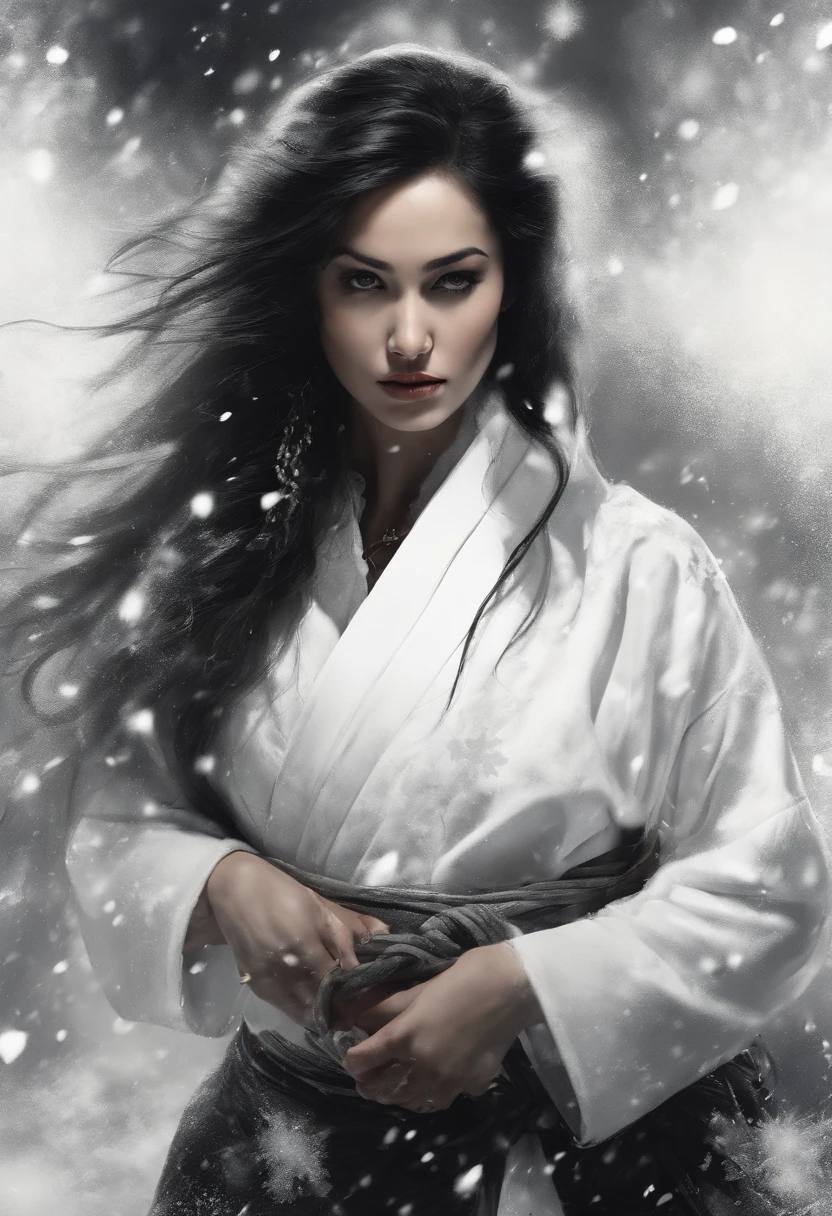 obra maestra, calidad superior,Artes marciales estilo devilcore, apariencia absurdamente hermosa de las artes marciales detalladas por cg, mujer delgada, alta figura de reloj, grandes pechos, tez blanca, cabello negro, On a snowy mountain, sosteniendo una espada enfundad, entre sus pechos, con pezones marcados en su ropa, dressed in white kimono with a snowflake pattern Full portrait, Estilo Yoshitaka Amano y Yoji Shinkawa, pintura a tinta, rojo, blanco y negro, Pinceladas audaces, Arte conceptual, Cinematic Motion Lighting, Estilizar, impresionante, Detalles de la entrada por Irakli Nadar 50 --luz ascendente --s 2