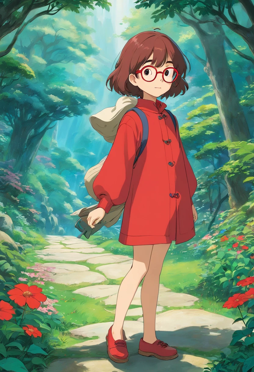 uma menina de cabelo longo sem franja castanho escuro , Wearing a red pair of glasses, usando piecing na orelha, com roupa preta, estilo de paisagens de jardim tranquilas, animated color photos, Masami Teraoka, aquamarine, Paulo Gauguin, Estilo Embry, retrato honesto
