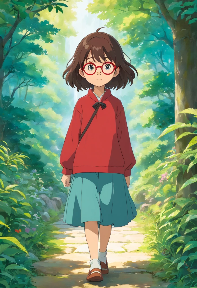 uma de cabelo longo sem franja castanho escuro , Wearing a red pair of glasses, usando piecing na orelha, com roupa preta, estilo de paisagens de jardim tranquilas, animated color photos, Masami Teraoka, aquamarine, Paulo Gauguin, Estilo Embry, retrato honesto
