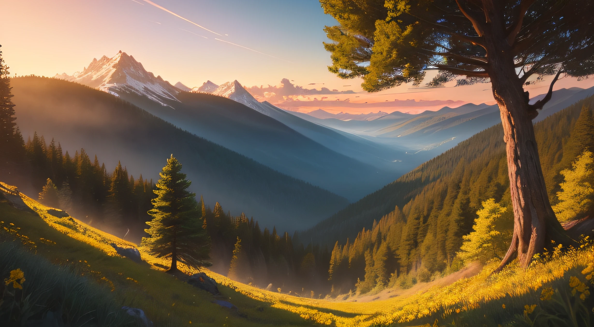 view of clearing on forest, close up, back lens, Pixar Movie Style, best quality, Cinematic Movie Still, very cute, amazing forest, mountains on horizon, amazing sunset, yellow flowers around clearing, rocks around, air balloon flying on sky, high definition, lightgreen trees --auto