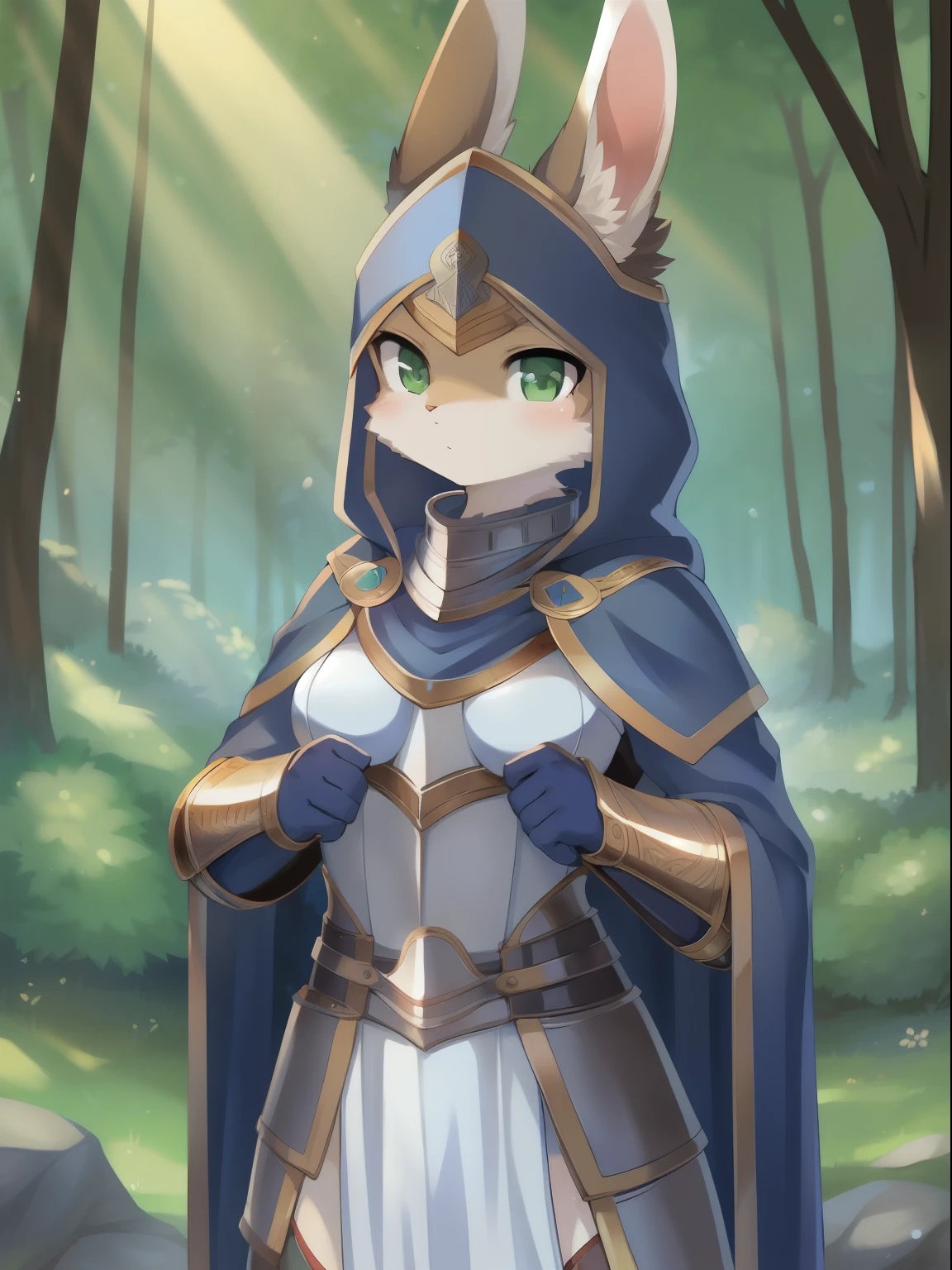masterpiece, solo, 1girl, Furry, kemono, furry rabbit, anthropomorphic, female, (navy fur, navy skin), green eyes, scale mail armor, blue cloak, forest, uploaded on e621,
