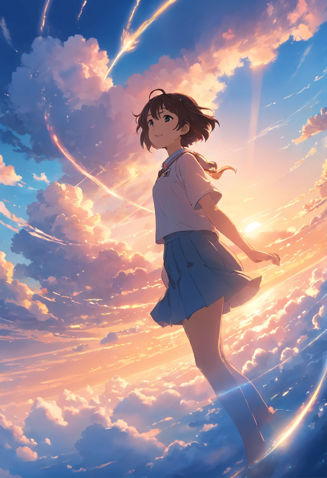 masterpiece, best quality, movie still, 1girl, cloud girl, floating in the sky, close-up, bright, happy, warm soft lighting, sunset, (sparks:0.7)