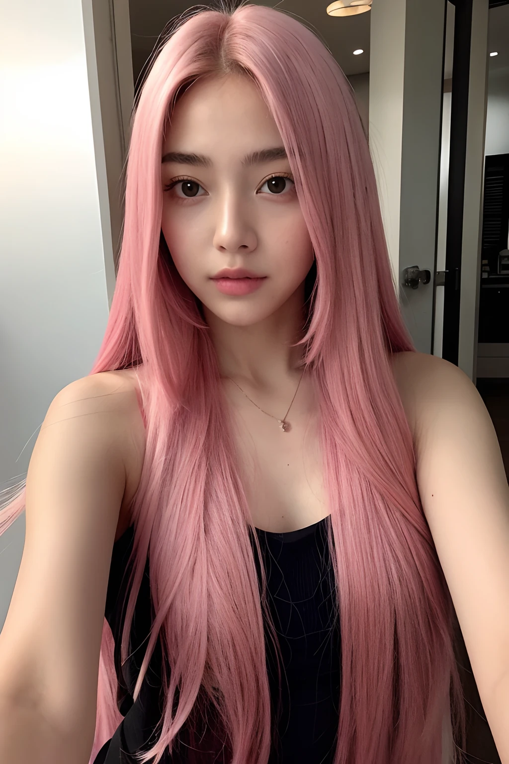 Selfie of a girl with Long pink hair