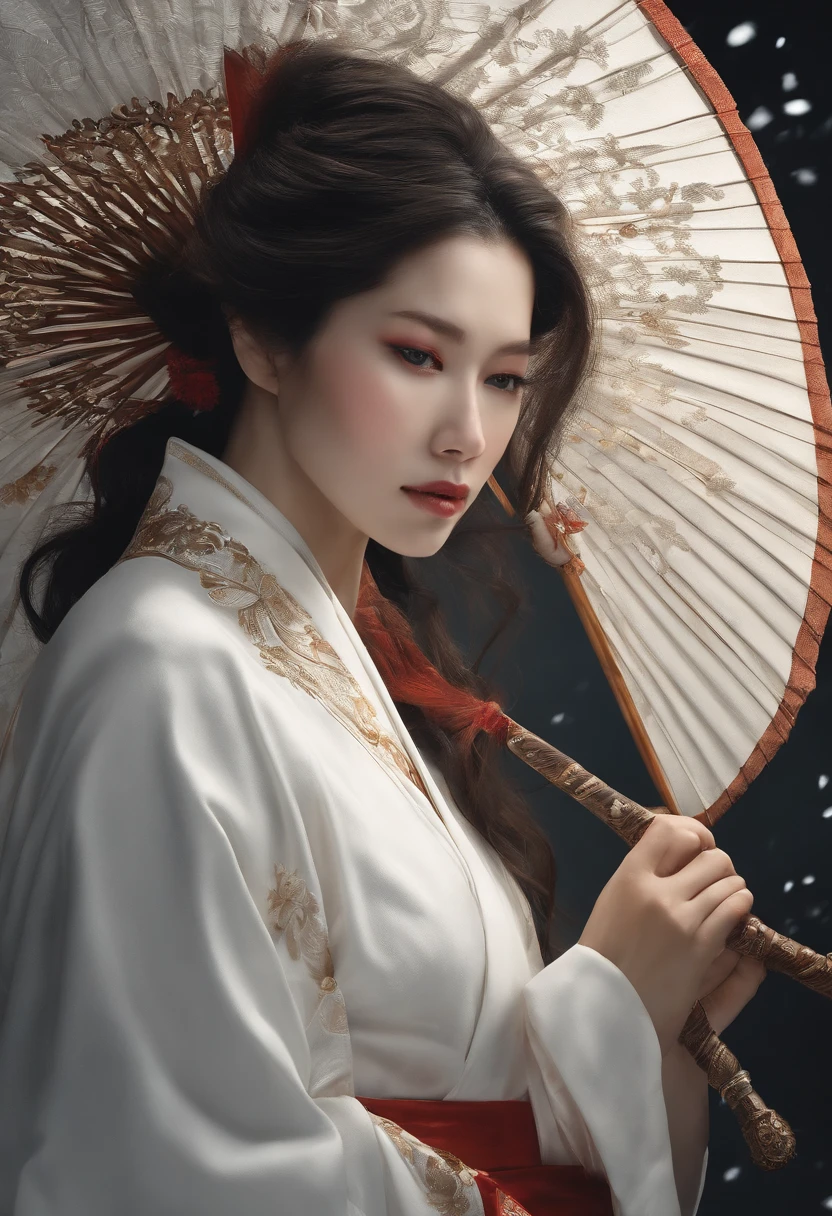 obra maestra, calidad superior,Artes marciales estilo devilcore, apariencia absurdamente hermosa de las artes marciales detalladas por cg, mujer delgada, alta figura de reloj, grandes pechos, tez blanca, cabello negro, On a snowy mountain, sosteniendo una espada enfundad, entre sus pechos, con pezones marcados en su ropa, dressed in white kimono with a snowflake pattern, con el torso desundo Retrato completo, Estilo Yoshitaka Amano y Yoji Shinkawa, pintura a tinta, rojo, blanco y negro, Pinceladas audaces, Arte conceptual, Cinematic Motion Lighting, Estilizar, impresionante, Detalles de la entrada por Irakli Nadar 50 --luz ascendente --s 2