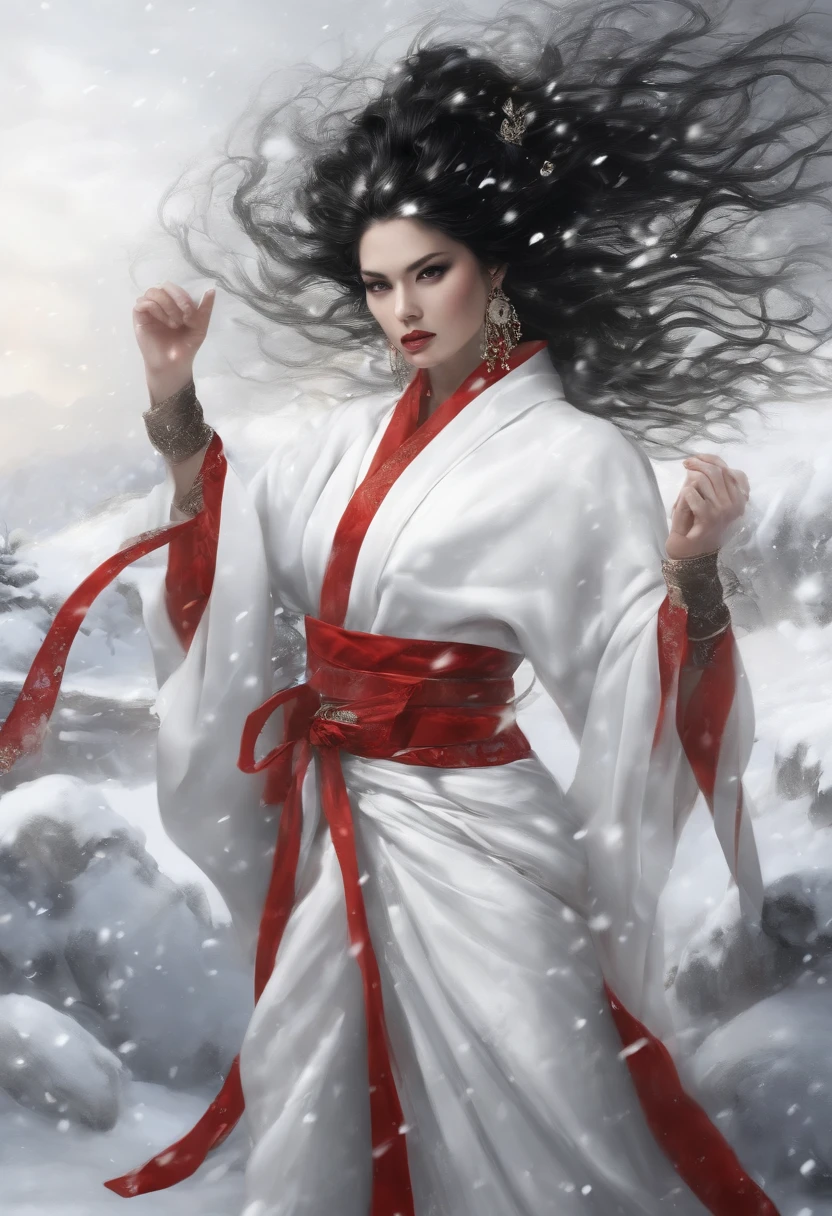 obra maestra, calidad superior,Artes marciales estilo devilcore, apariencia absurdamente hermosa de las artes marciales detalladas por cg, mujer delgada, alta figura de reloj, grandes pechos, tez blanca, cabello negro, On a snowy mountain, sosteniendo una espada enfundad, entre sus pechos, con pezones marcados en su ropa, dressed in white kimono with a snowflake pattern, con el torso desundo Retrato completo, Estilo Yoshitaka Amano y Yoji Shinkawa, pintura a tinta, rojo, blanco y negro, Pinceladas audaces, Arte conceptual, Cinematic Motion Lighting, Estilizar, impresionante, Detalles de la entrada por Irakli Nadar 50 --luz ascendente --s 2
