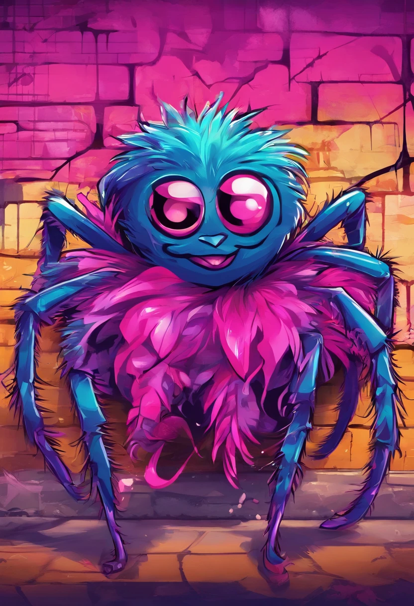 Cute fluffy spider with shoes, purple and pink