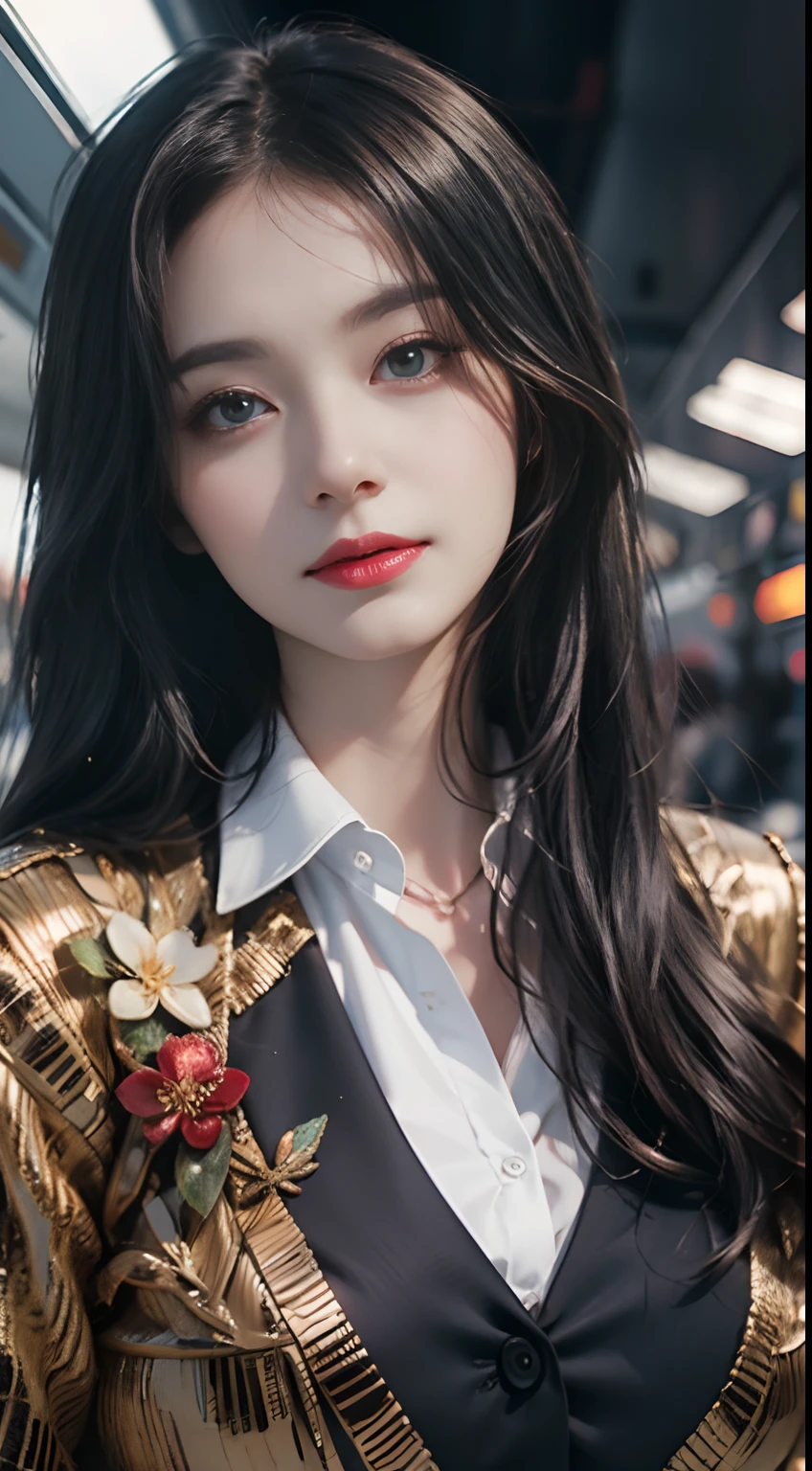 （From the outside） ， Many colors，best qualtiy，8K，Real Photographics，Delicate skin details，tmasterpiece，photos realistic，intricate-detail，RAW photogr,in an airplane，ssmile，florals，Stewardess，sockes,extra long hair，cropped shoulders，delicated face，Expose cleavage，Hainan Airlines，Professional attire of flight attendants，Manteau，skirt by the，ornamented，Perfect Finger，Dissection is correct，(Large room，0.8)，Big Cuby hips，shiny skins，Shooting from front