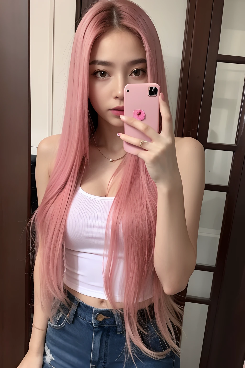 Selfie of a girl with Long pink hair