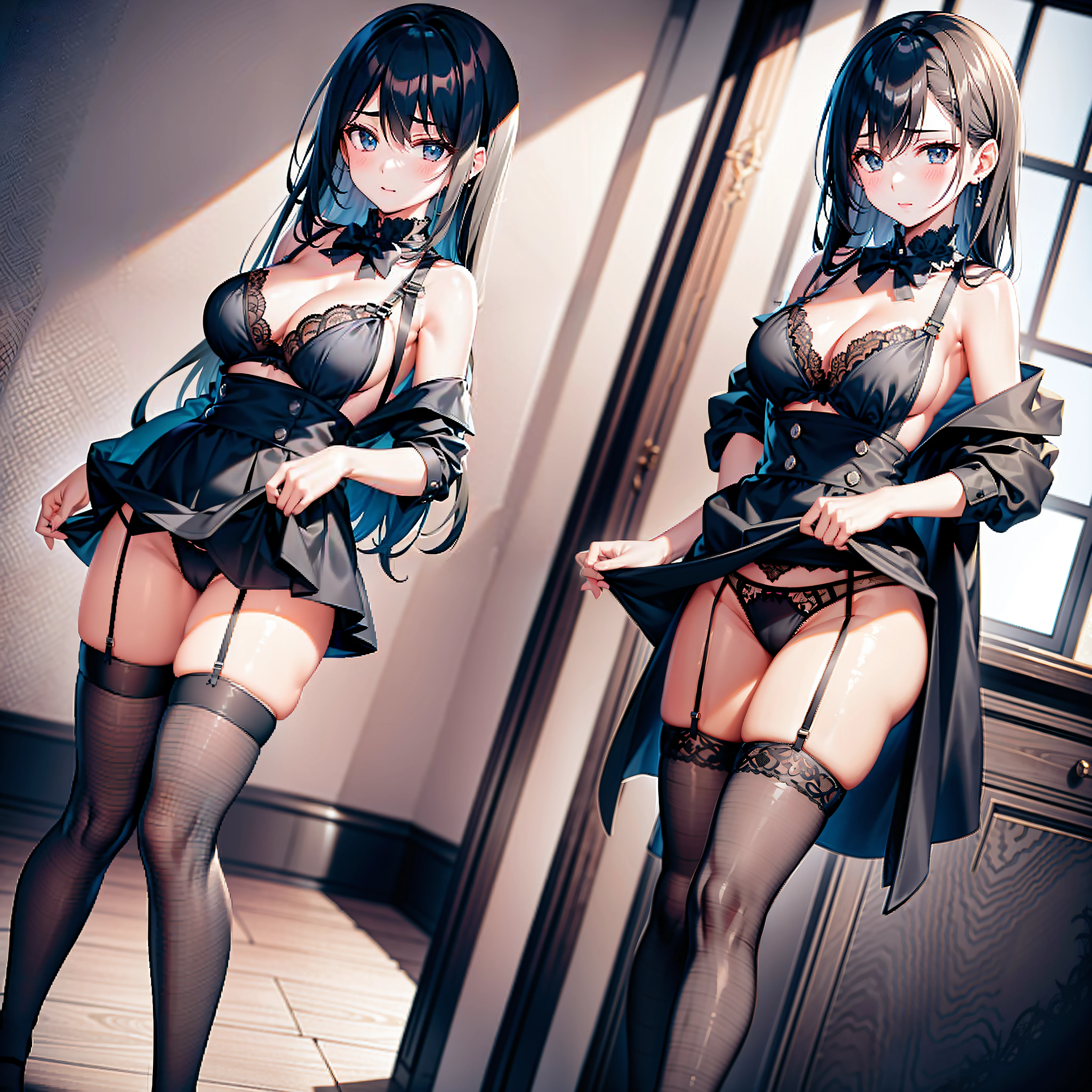 1girll，black lace cleavage underwear，Standing in the living room，独奏，black suspenders stockings