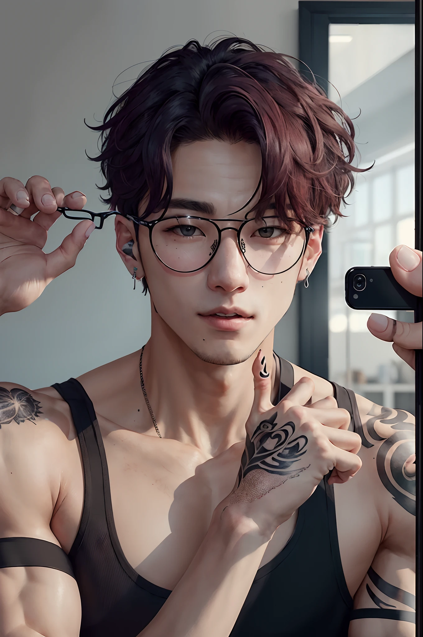 1 male, naked man, masculine, (enchanced quality:1.4),(Top quality true texture skin), Delicate face, Black hair, Gradient hair, Petite body,(perfect bodies:1.1), There are precious stones on the forehead, rimless eyewears, Sparkling pupils,long eyelasher,grin, hyper photorealism, Cinematic lighting, projected inset, surrealism, hyper HD, Masterpiece, 16k,Lie down,dream onCarmelto,Legs slightly open,Tattooed with,Fantasy space,Luxurious space, naked, muscled, cock, gay kiss