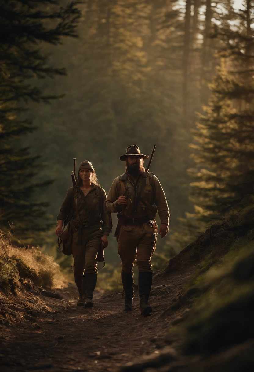 (best quality,8k,realistic:1.2),ultra-detailed,hunters standing on a hill,mountain landscape,2 hunters,forested mountain