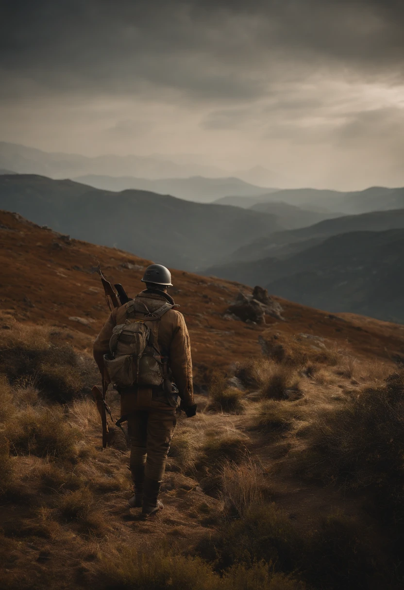 (best quality,8k,realistic:1.2),ultra-detailed,hunters standing on a hill,mountain landscape,2 hunters,forested mountain